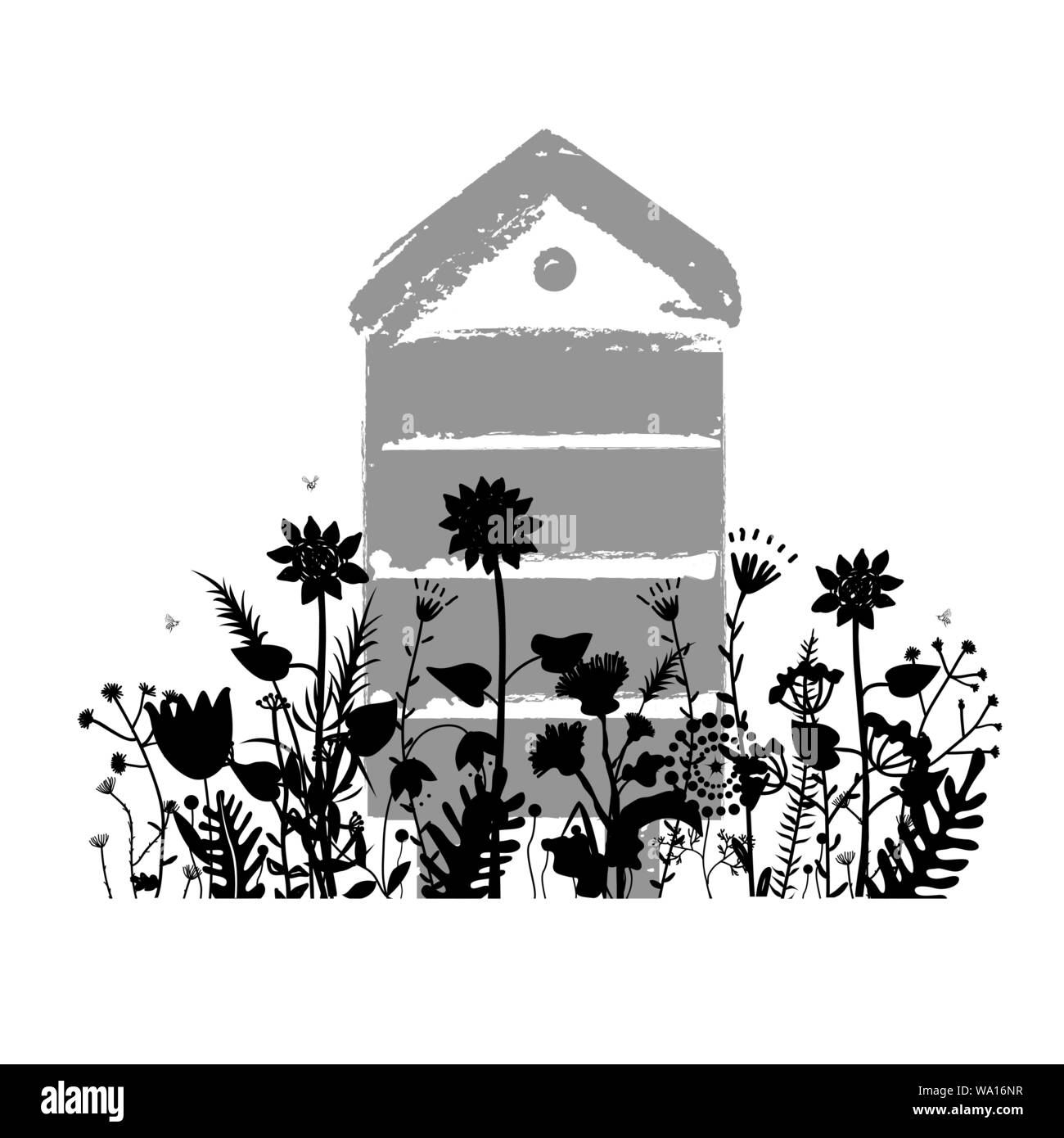 Wiese Blumen Silhouetten mit Bienenstock im Sommer. Bienenhaus Konzept. Vector Illustration. Stock Vektor