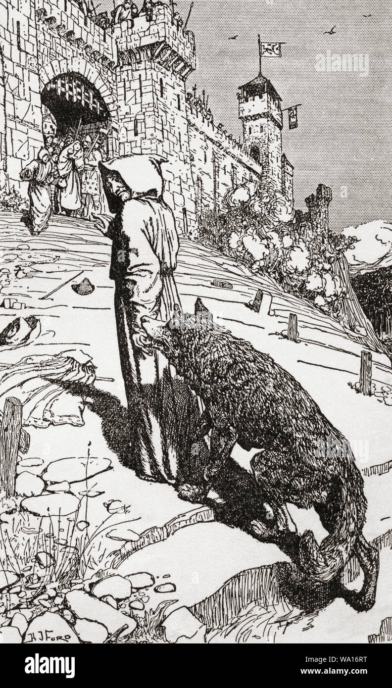 St. Franziskus bringt den Wolf in die Stadt. Der heilige Franz von Assisi, geboren Giovanni di Pietro di Bernardone, 1181/1182 - 1226. Italienische katholische Mönch, Diakon und Prediger. Er angeblich überzeugte einen Wolf zu stoppen angreifenden einige Einheimische, wenn sie vereinbart, den Wolf zu füttern. Aus dem Buch von Heiligen und Helden, veröffentlicht 1912. Stockfoto