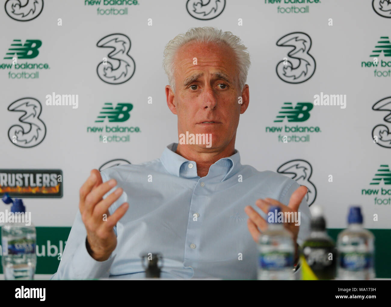 Rahoon, Galway, Irland. 16. August 2019; Salthill Devon FC, Drom, Drom Ost, Rahoon, Galway, Irland, Irland, Republik von Irland squad Bekanntgabe Pressekonferenz; allgemeine Ansicht der Republik Irland manager Mick McCarthy während der Squad Ankündigung bei Drom - redaktionelle Verwendung. Credit: Aktion Plus Sport Bilder/Alamy leben Nachrichten Stockfoto