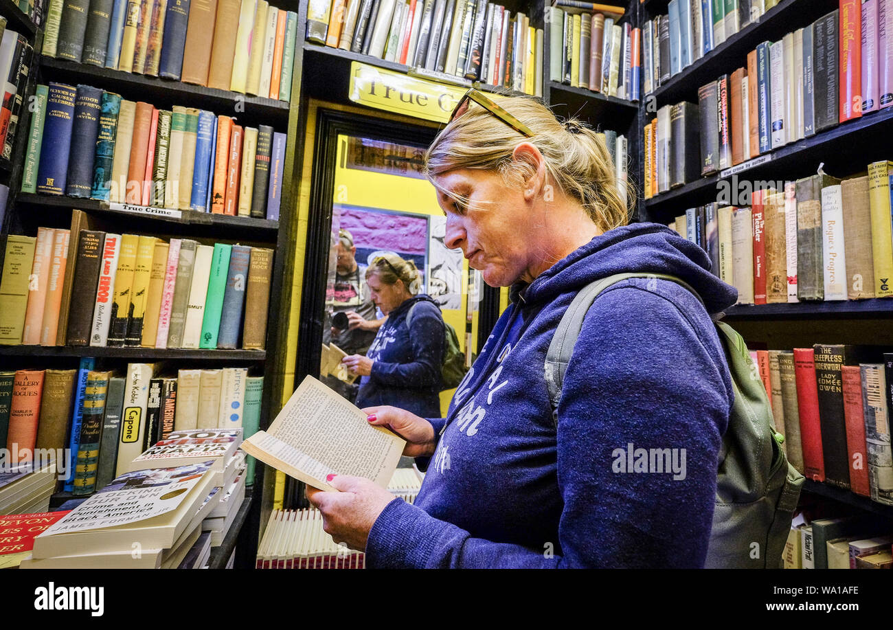 Eine Frau mit einem Buch in einem Buchladen in Hay-on-Wye in Wales Stockfoto