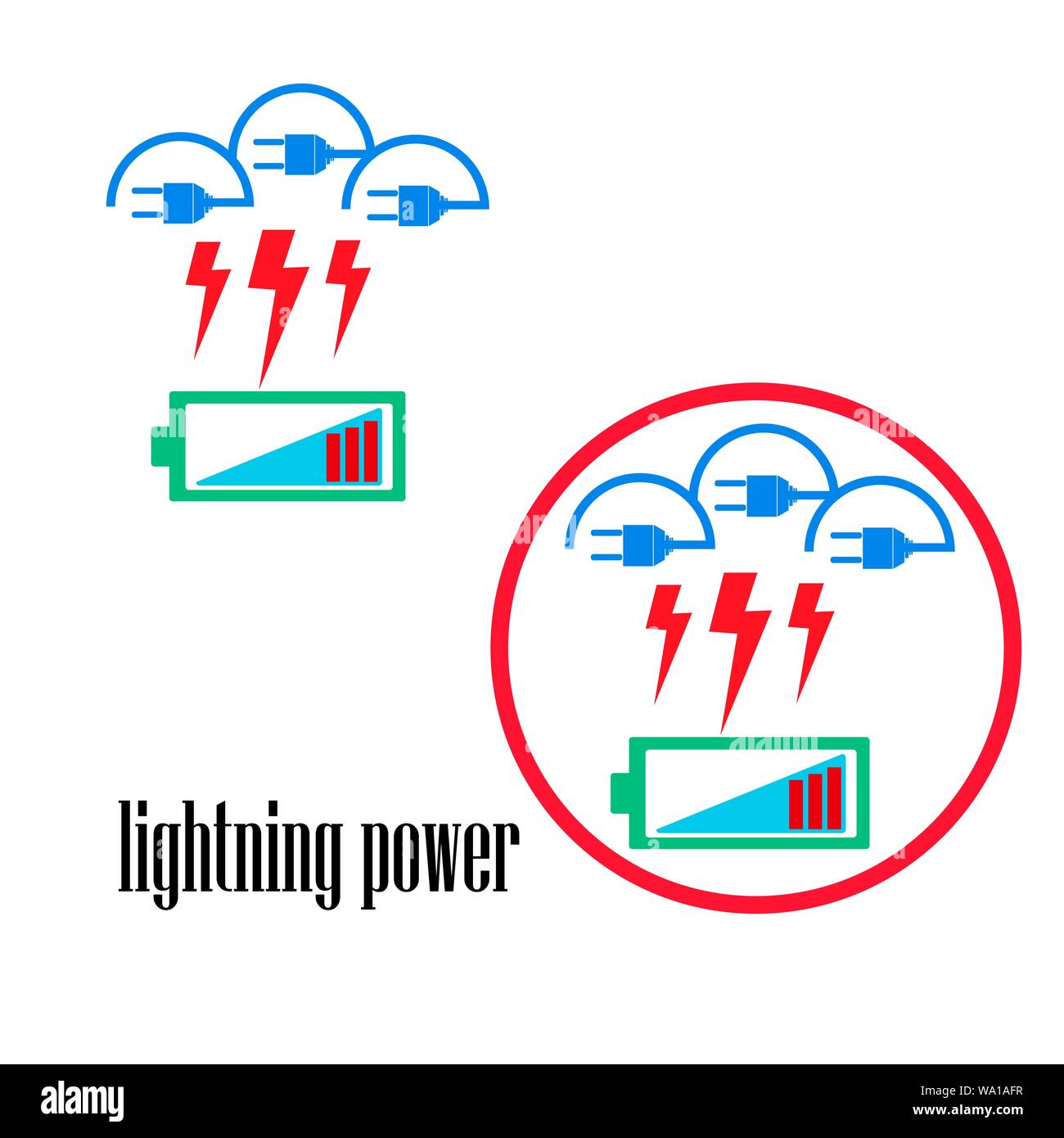 Licht-, Elektro-, Logo Design Elemente. Das Konzept der symbol für Energie und elektrische Donner. Blitz aus den Wolken und Batterien. Emblem Vektor em Stock Vektor