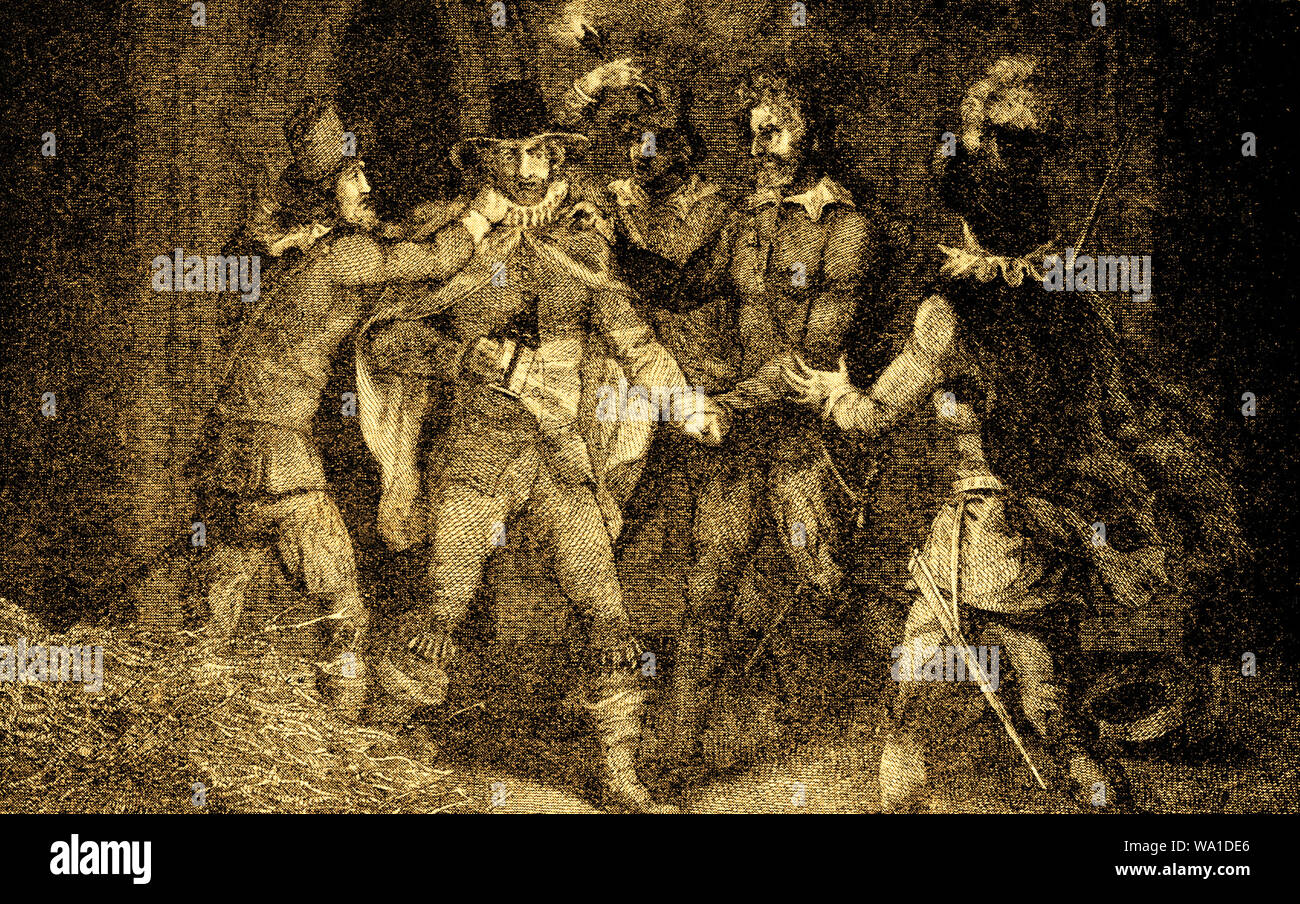 GUNPOWDER PLOT VERSCHWÖRUNG 1605 - Festnahme von Guy Fawkes (aus einem alten Drucken. Stockfoto