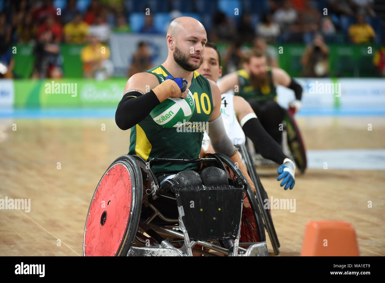 Rio de Janeiro - Brasilien, 11. August 2016, die Paralympischen Spiele Rio 2016. Rugby Spiel der Droschken, die zwischen den Teams aus Brasilien und Australien Stockfoto