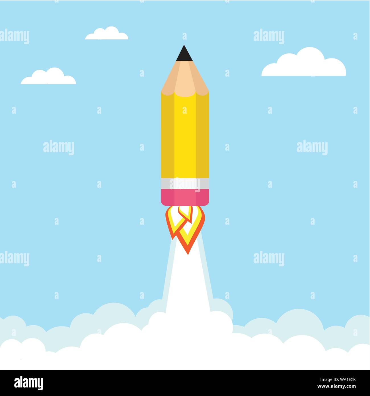 Bleistift Rakete fliegen in den Himmel. Vector Illustration Stock Vektor