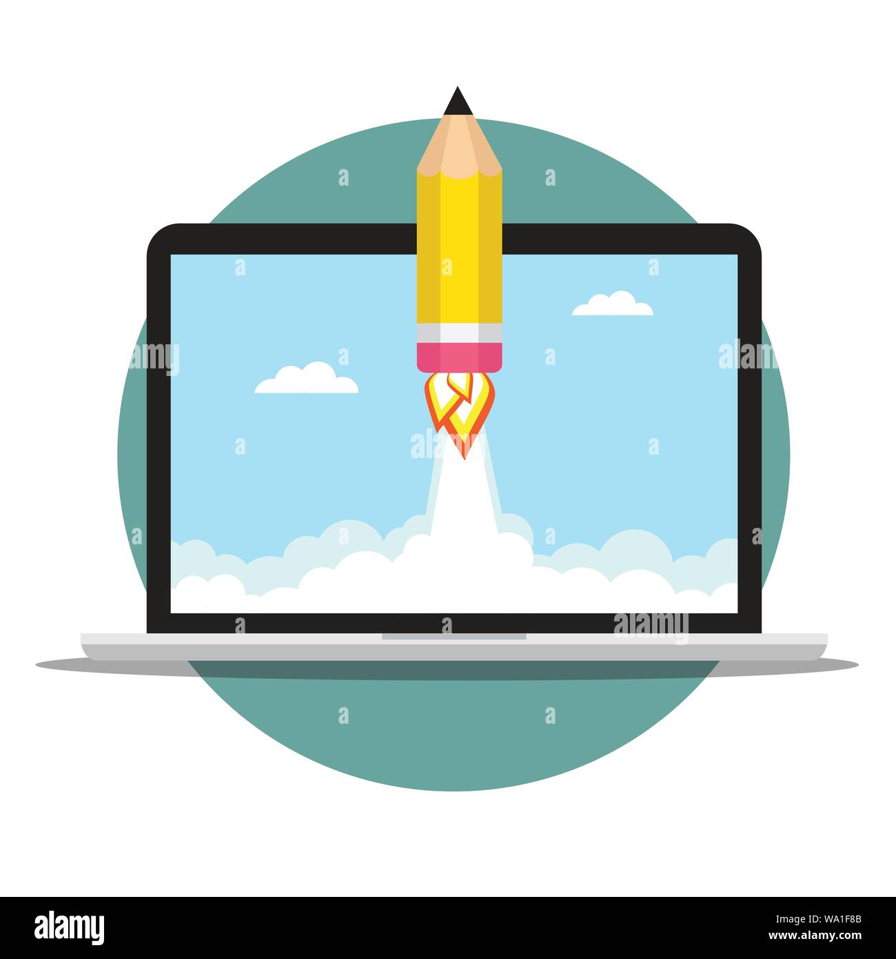 Bleistift Rakete fliegt der Laptop. Vector Illustration Stock Vektor