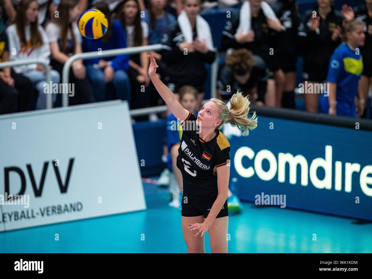 15. August 2019, Nordrhein-Westfalen, Münster: Volleyball, Frauen: International, Deutschland - Polen in der Sporthalle Berg Fidel. Deutschlands Jennifer Geerties zerschlägt den Ball über das Netz. Foto: Guido Kirchner/dpa Stockfoto