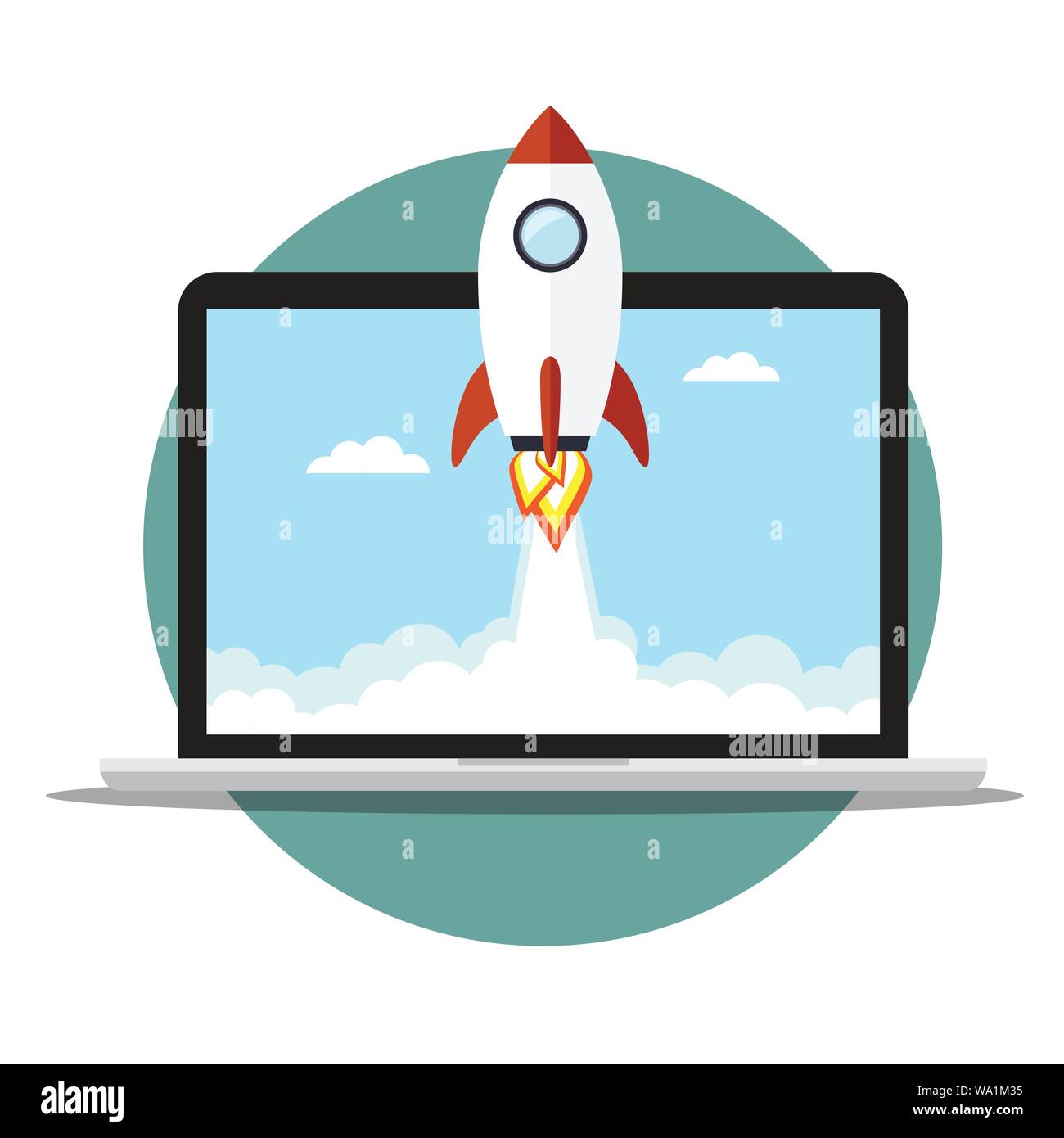 Rakete fliegt der Laptop. Vector Illustration Stock Vektor