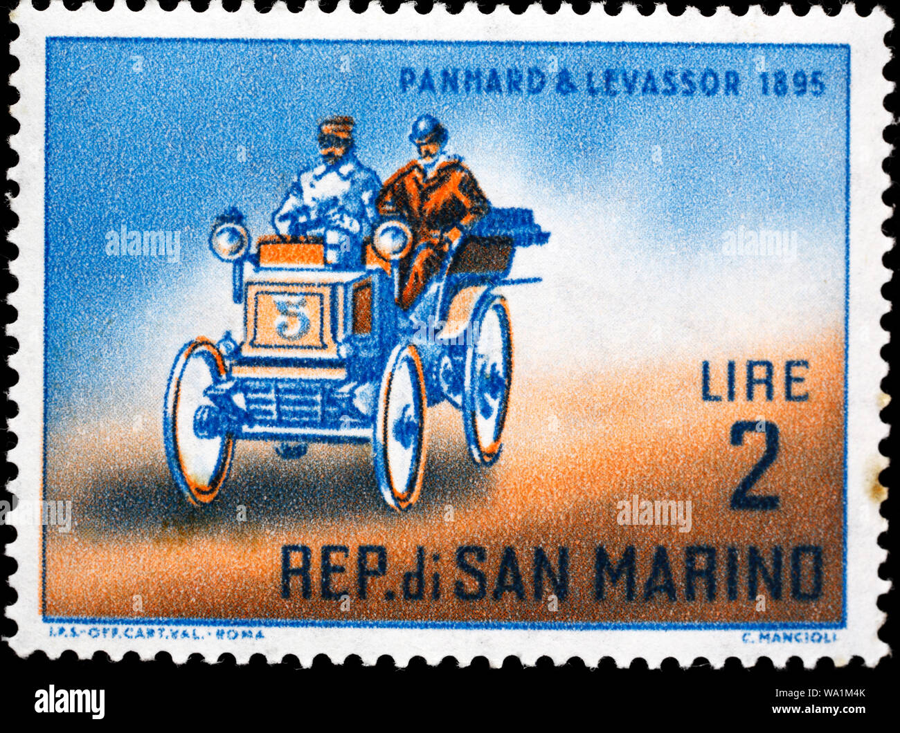 Auto Panhard et Levassor 1895, Briefmarke, San Marino, 1962 Stockfoto