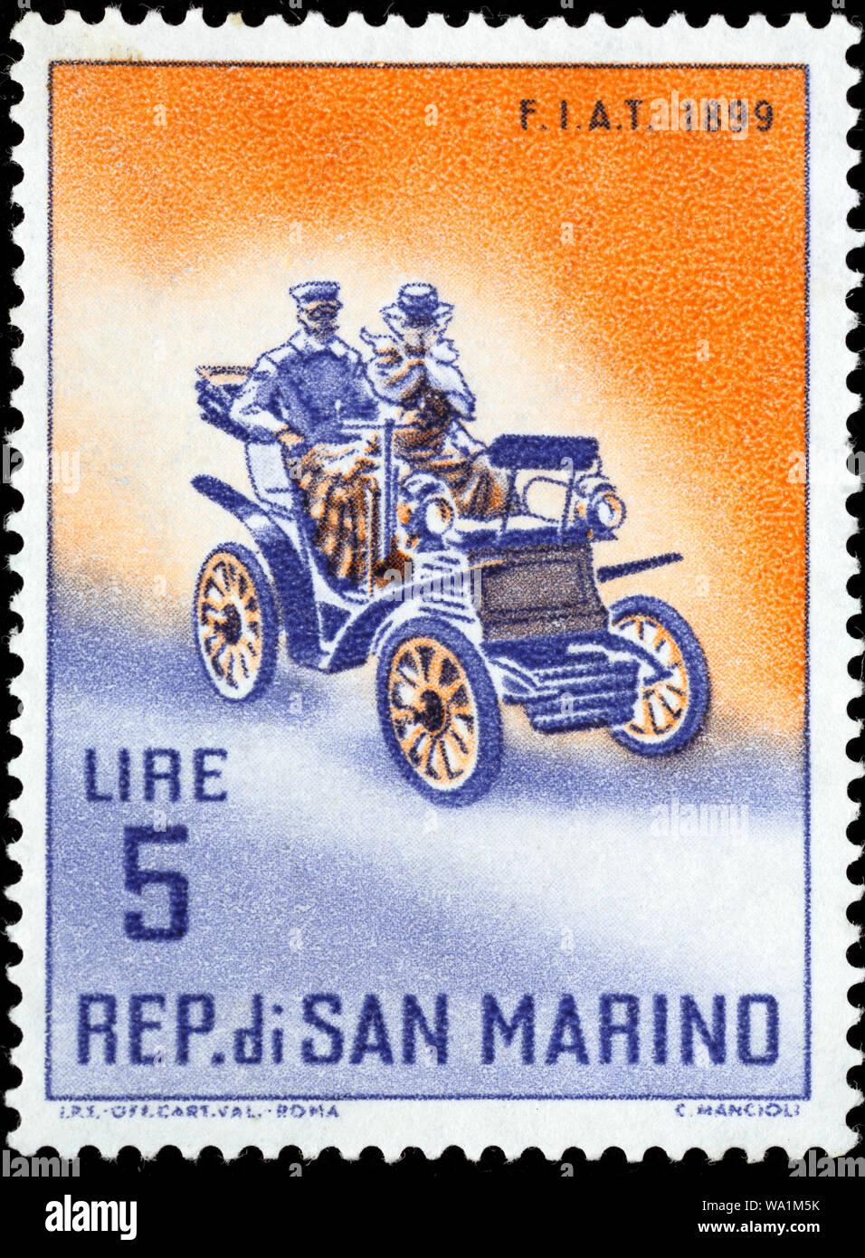 Auto Fiat 1899, Briefmarke, San Marino, 1962 Stockfoto