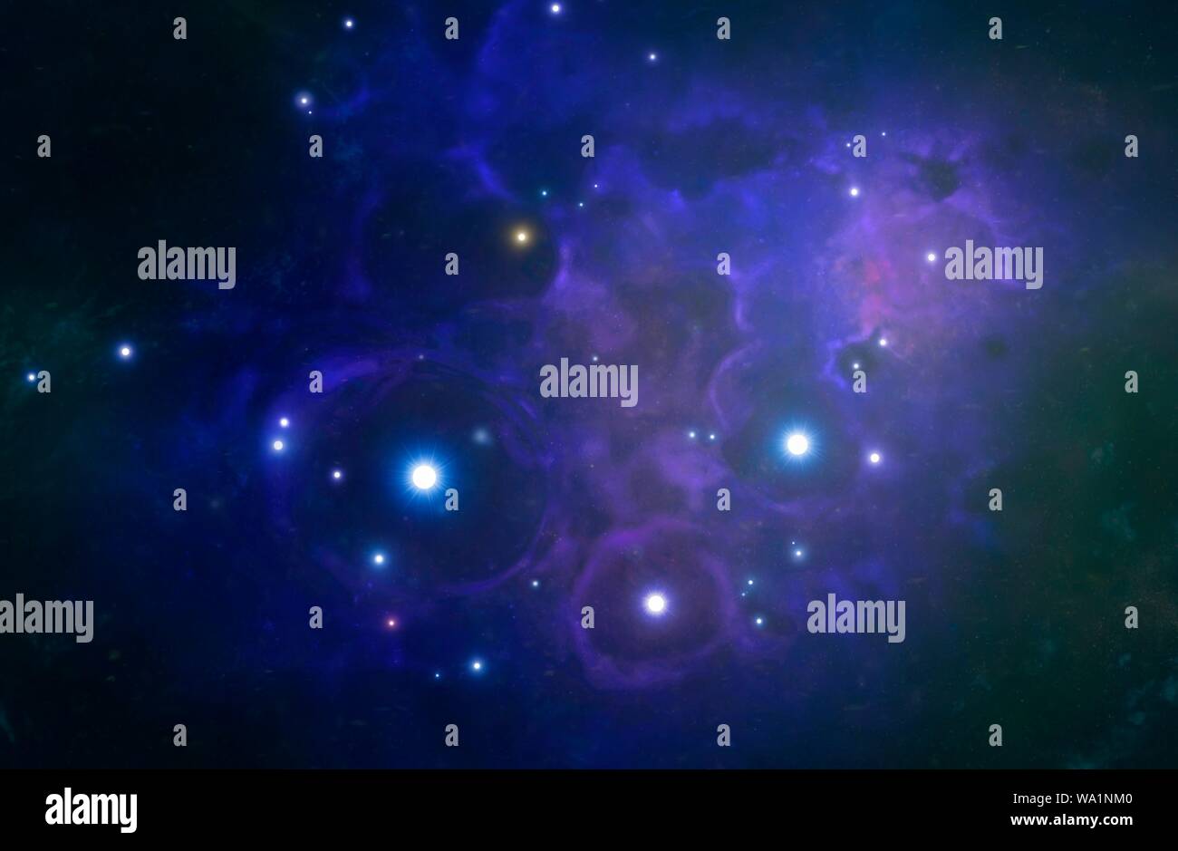Young Star Cluster, Artwork. Sterne bilden oft in Gruppen, die sich später entwickeln offene Sternhaufen zu werden. Sie können schließlich das Cluster escape und einsam geworden. Diese Abbildung zeigt eine Gruppe von Sternen, die gerade geboren wurden. Ihre heissen, ionisierende Strahlung ist Blasen Blasen in das umgebende Gas, aus der sie gebildet. Stockfoto