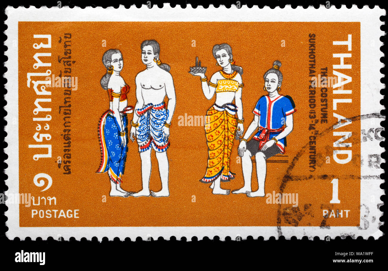 Traditionelle thailändische Kostüm, Sukhothai Periode, 13.-14. Jahrhunderts, Briefmarke, Thailand, 1972 Stockfoto
