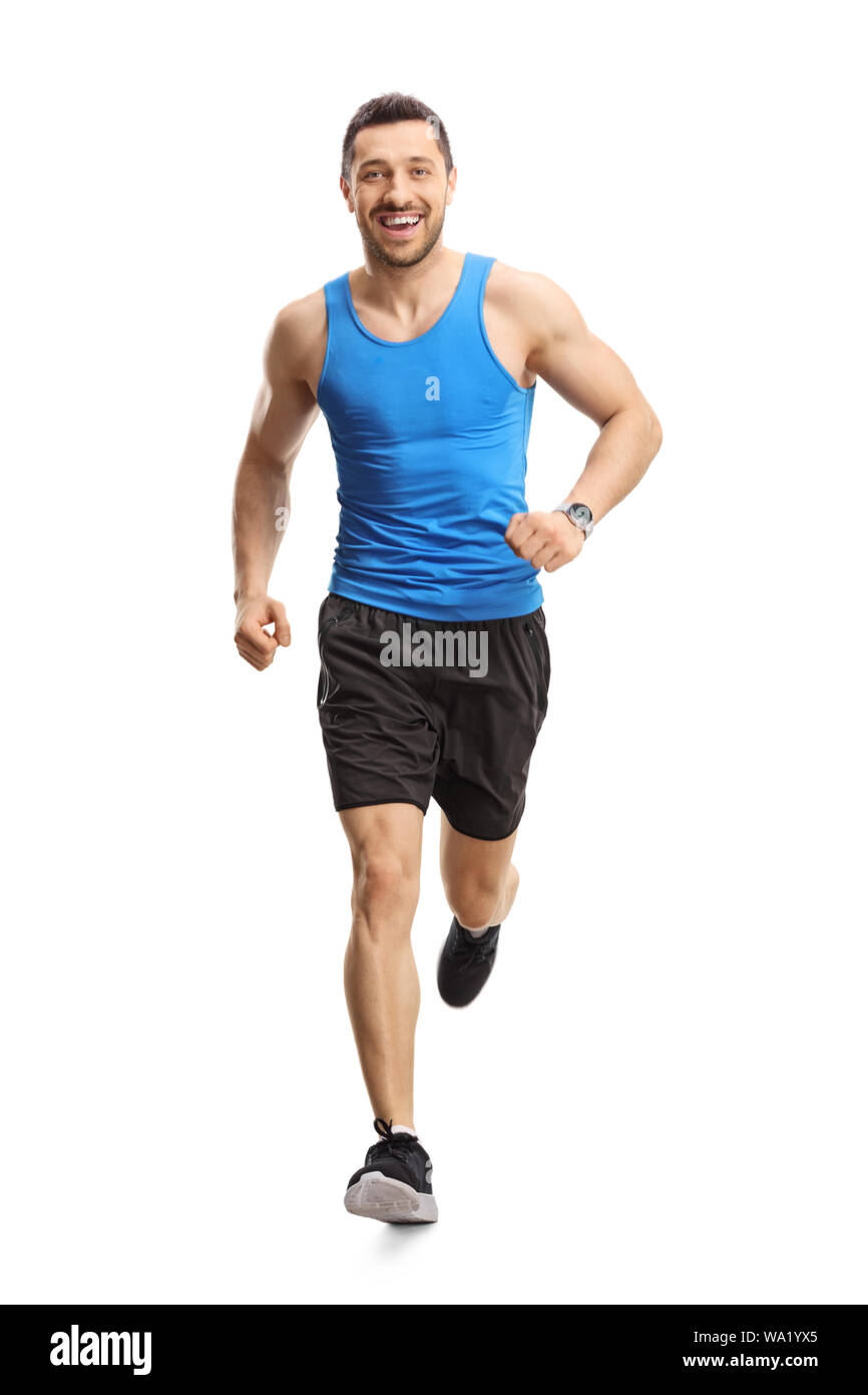 In voller Länge Porträt eines Mannes auf die Kamera läuft auf weißem Hintergrund Stockfoto