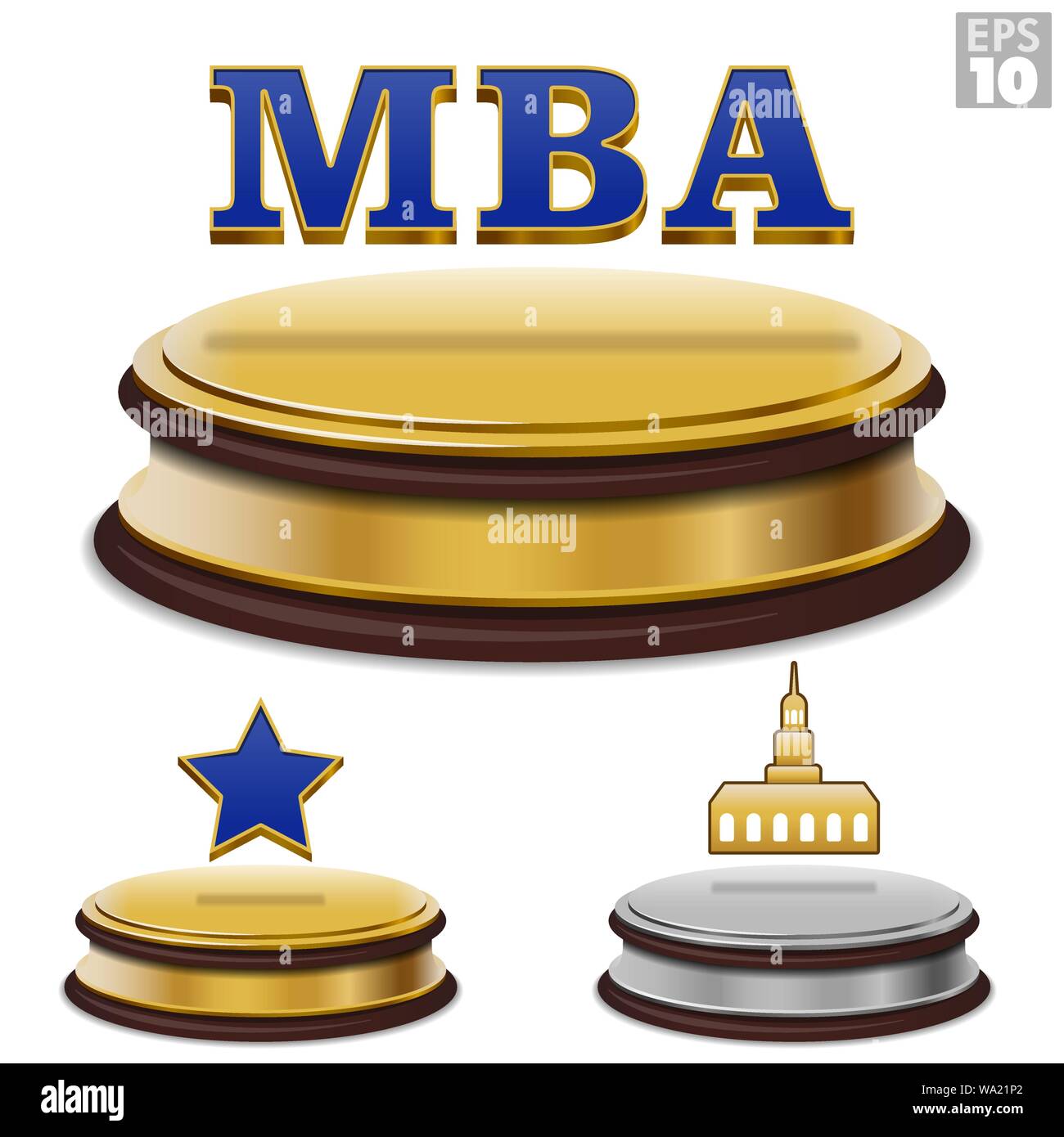 Master of Business Administration MBA Studium schwebend auf einem goldenen Präsentation Auszeichnung mit Stern und Universität Gebäude Symbol. Stock Vektor