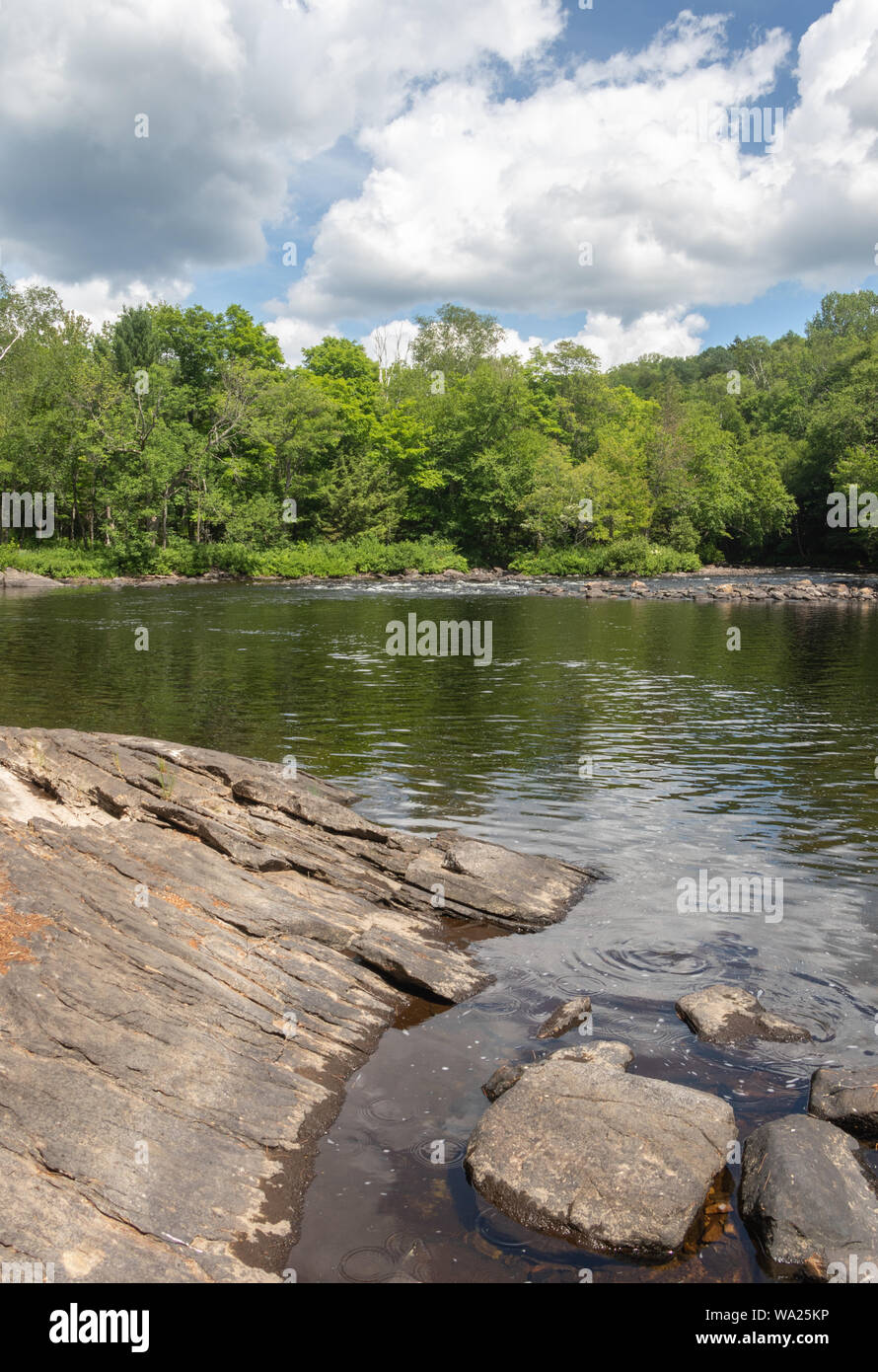 Flat Rock Ufer und Felsbrocken in der Ottawa River in Ontario. Im Sommer. Ideal zum Wandern, Schwimmen, Angeln und Picknicks. Stockfoto
