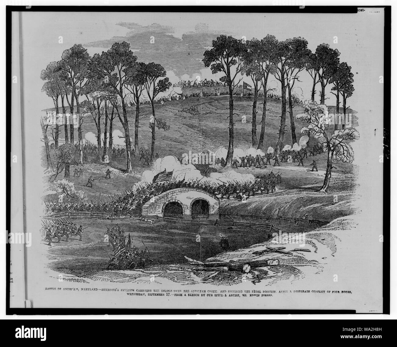 Schlacht von Antietam, Maryland - - der Burnside Division, die die Brücke über den Antietam Creek und Erstürmung der Rebel Position, nach einem verzweifelten Konflikt von vier Stunden, Mittwoch, 17. September/aus einer Skizze durch unsere spezielle Künstler, Herr Edwin Forbes. Stockfoto