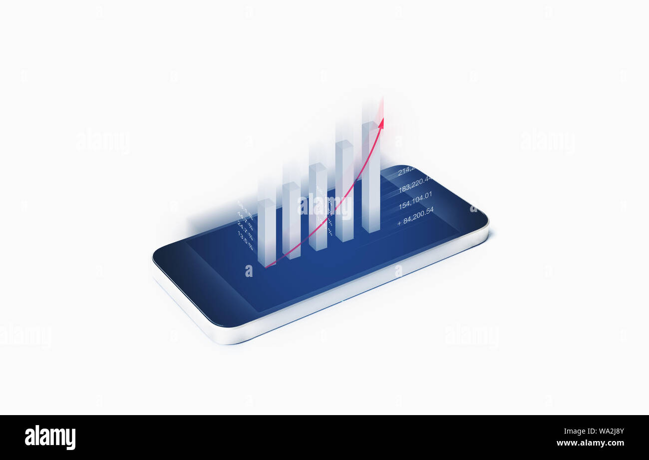 Finanzielle Daten Analyse, Business und das Wachstum der Investitionen. Das Balkendiagramm aus mobilen Bildschirm des Smartphones Stockfoto