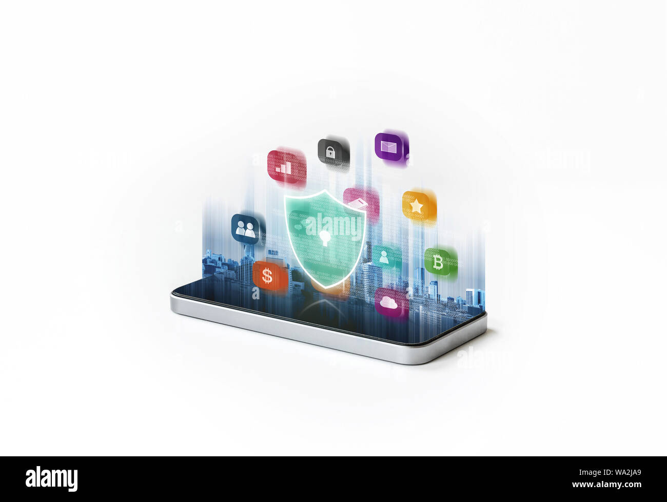 Handy Sicherheit und digitale Daten Sicherheit System. Smart Phone mit Anwendungs- und lock icons Hologramm Stockfoto