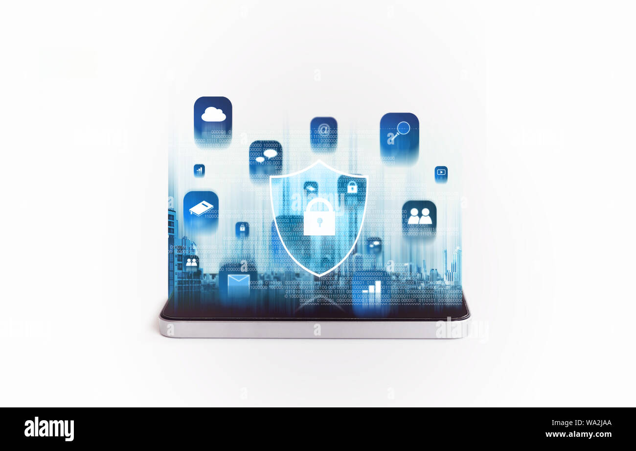 Handy Sicherheit und digitale Daten Sicherheit System. Smart Phone mit Anwendungs- und lock icons Hologramm Stockfoto