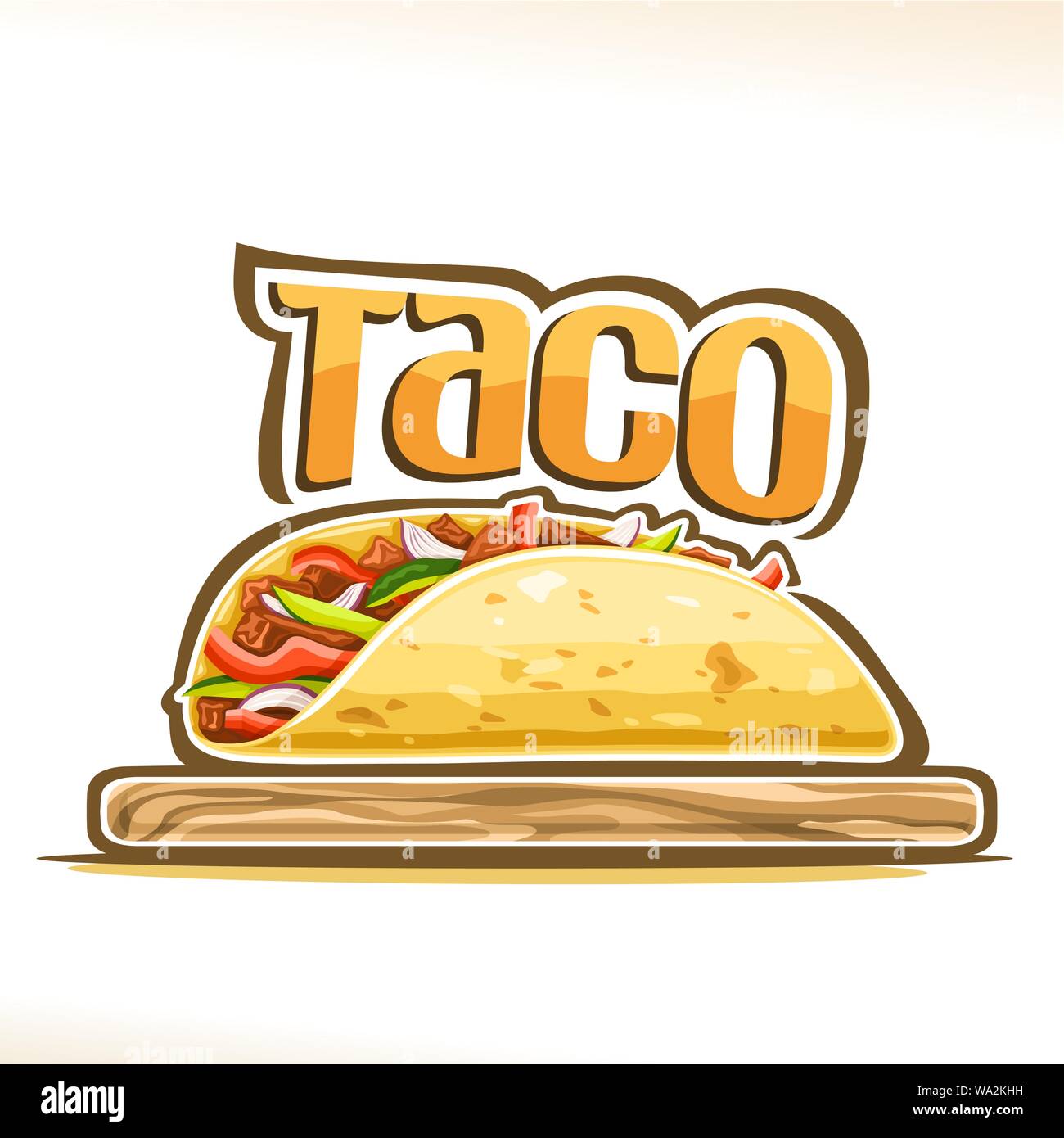 Vektor Plakat für Mexikanischen Taco, Tortilla gefüllte geschreddert Carnitas und frisches Gemüse auf Holzplatte, original Schriftzug für Word Taco, design Logo Stock Vektor