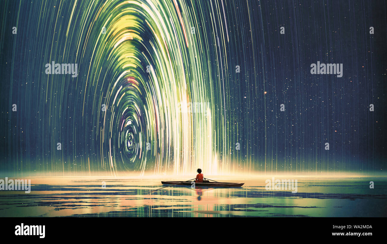 Junge Rudern ein Boot im Meer der sternenklaren Nacht mit einem geheimnisvollen Licht, digital art Stil, Illustration Malerei Stockfoto