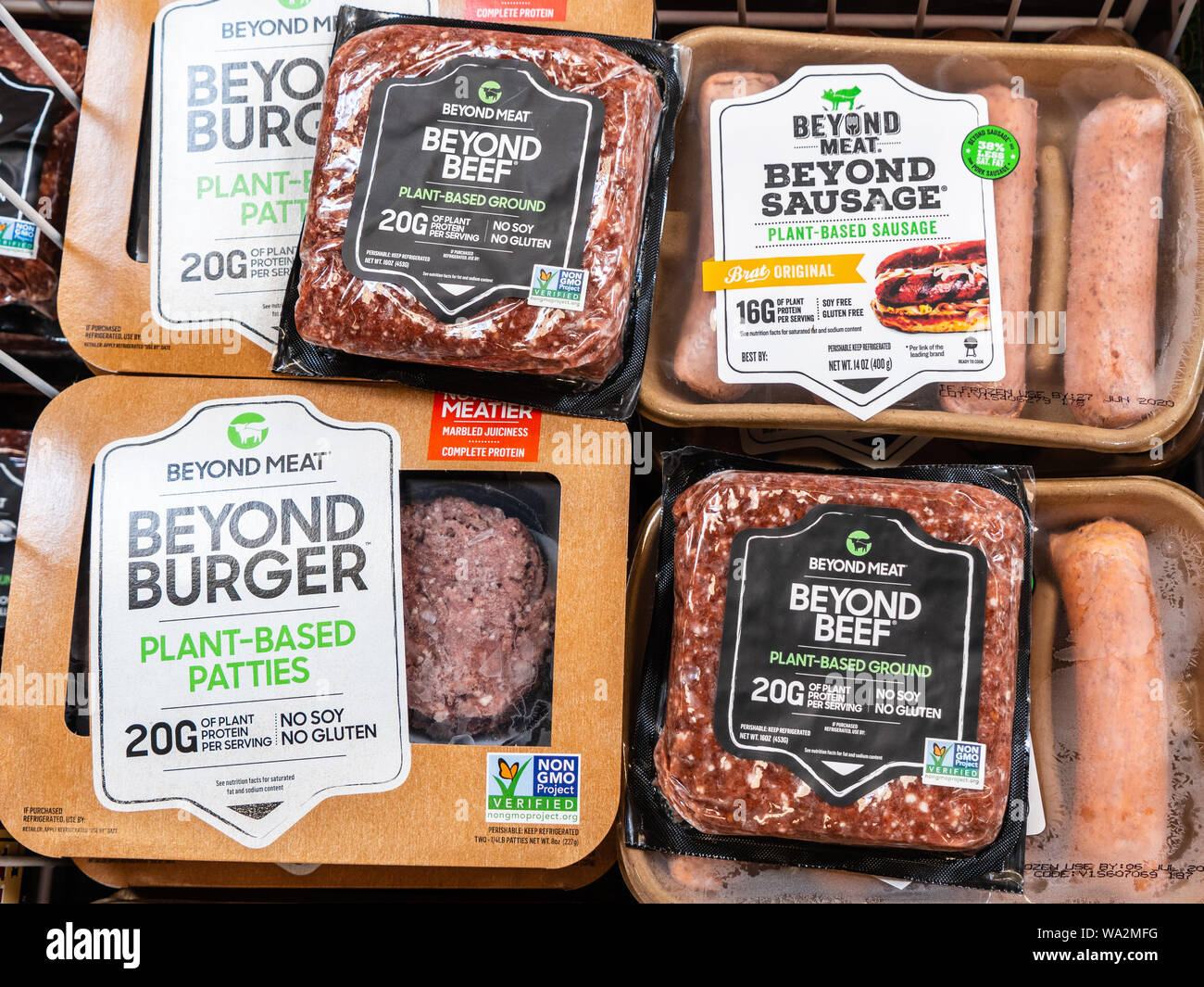 August 16, 2019 Sunnyvale/CA/USA - Jenseits von Burger, jenseits von Wurst und über Rindfleisch, alle über Fleischerzeugnisse, erhältlich in einem s Stockfoto