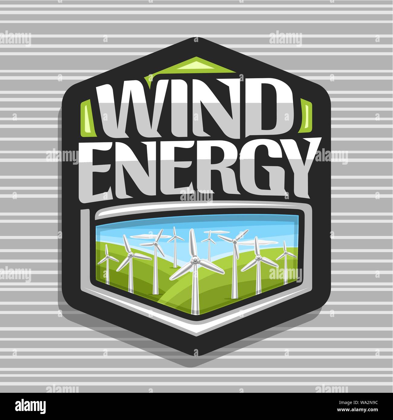 Vektor logo für Windenergie, dunklen sechseckige Plakette mit vielen Windmühlen auf grünen Hügeln und blaues bewölkter Himmel, original Schriftzug für Wörter wind ene Stock Vektor