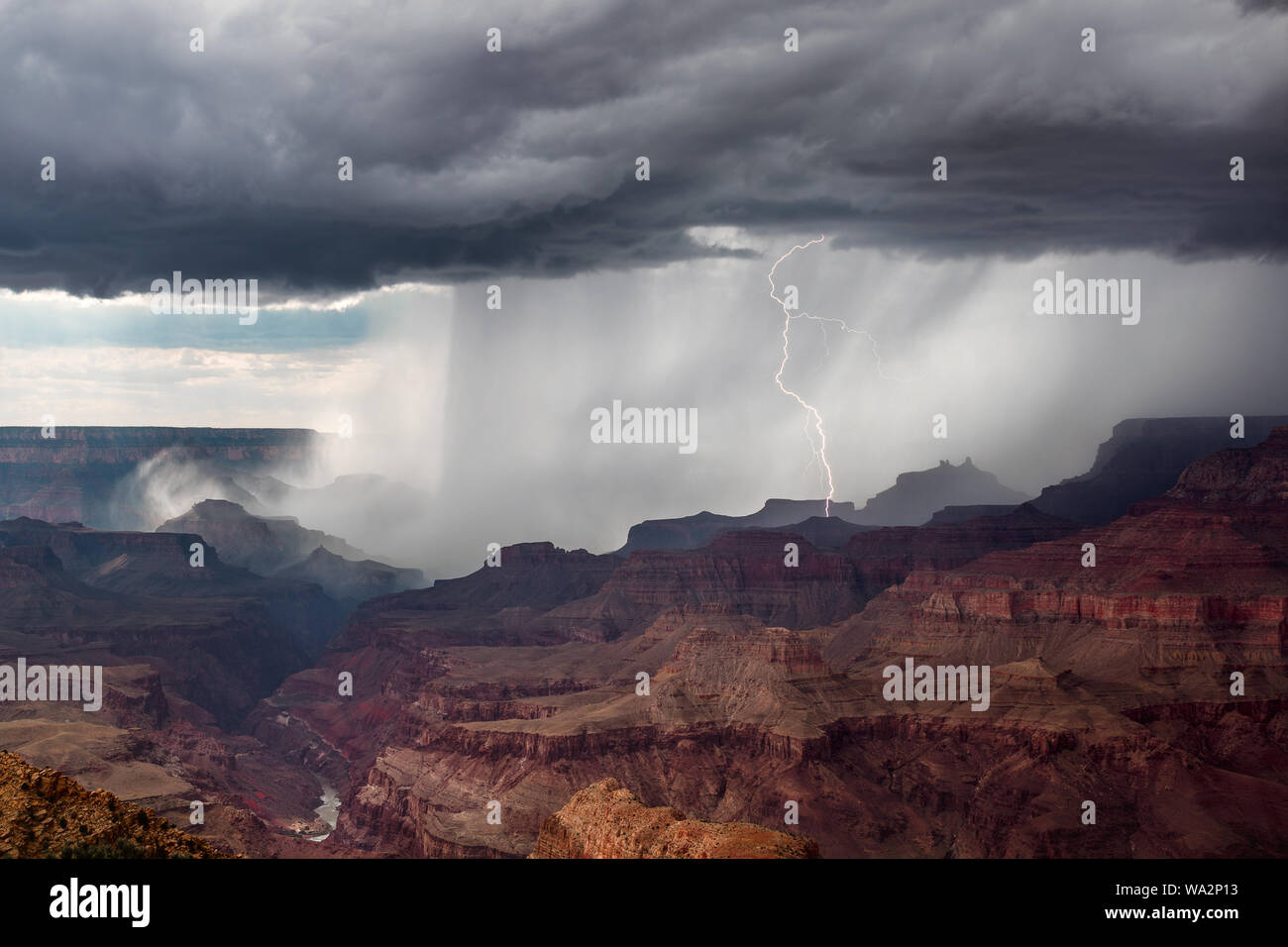 Ein Gewitter schlägt ein, während ein starkes Gewitter starken Regen über dem Grand Canyon im Grand Canyon National Park, Arizona, USA, abgibt Stockfoto
