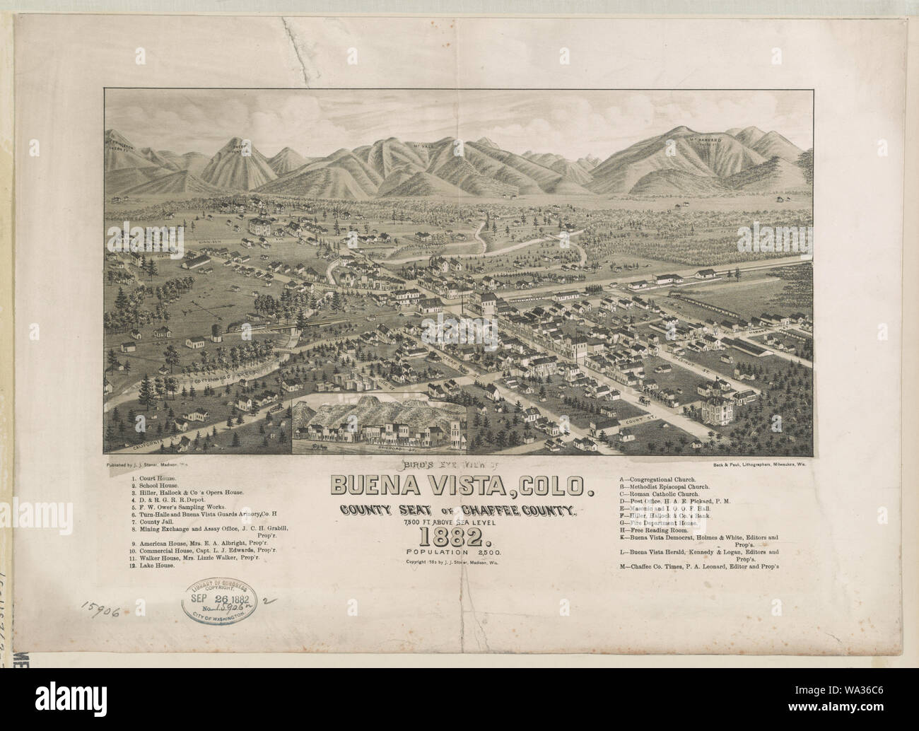 Aus der Vogelperspektive Buena Vista, Colo Sitz der County Chaffee County 1882 Stockfoto