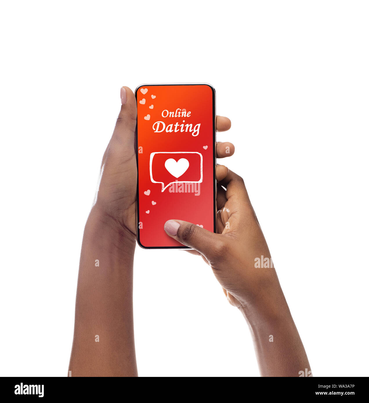 Afro weibliche Hände mit Online Dating Service am Telefon, isoliert Stockfoto