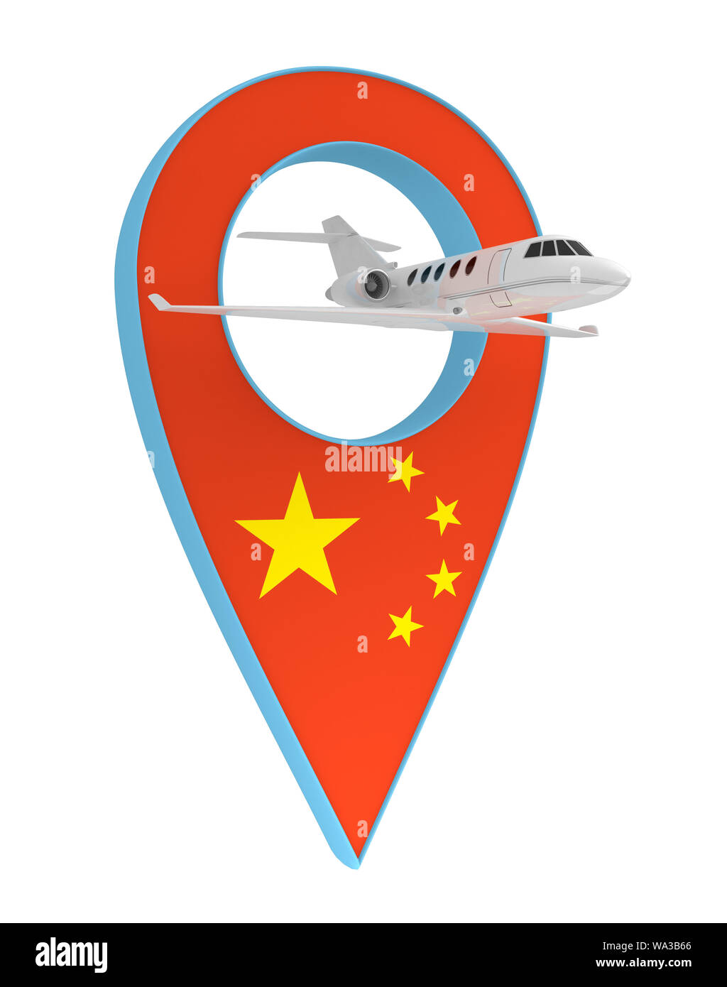 Eigenes Flugzeug mit Pin navigation Flagge China. 3D-Rendering Stockfoto