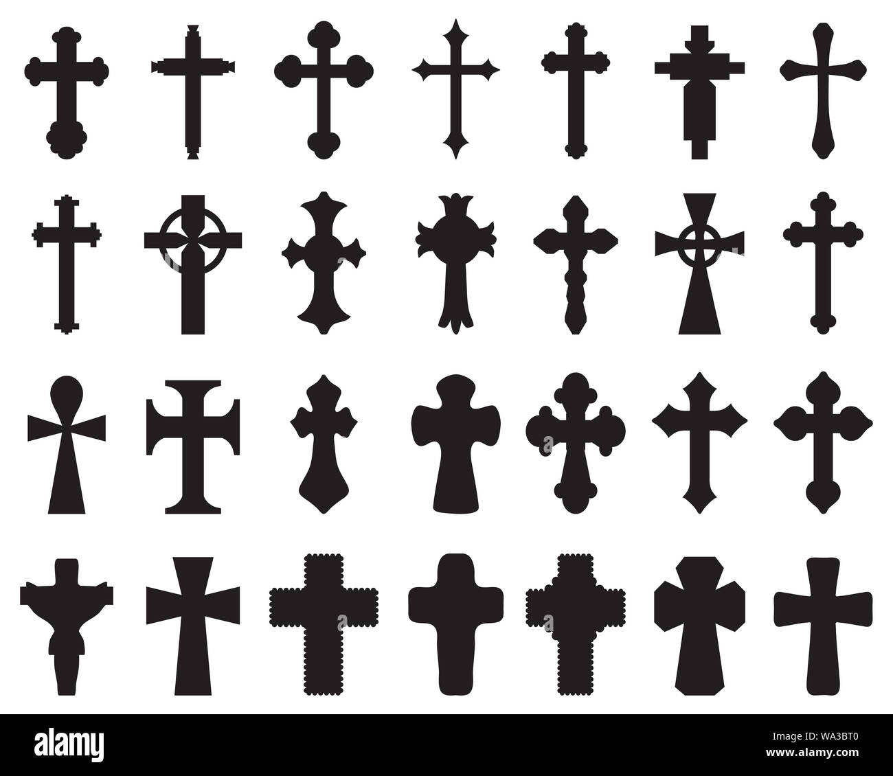 Große schwarze Silhouetten verschiedener Kreuze, verschiedene religiöse Symbole Stockfoto