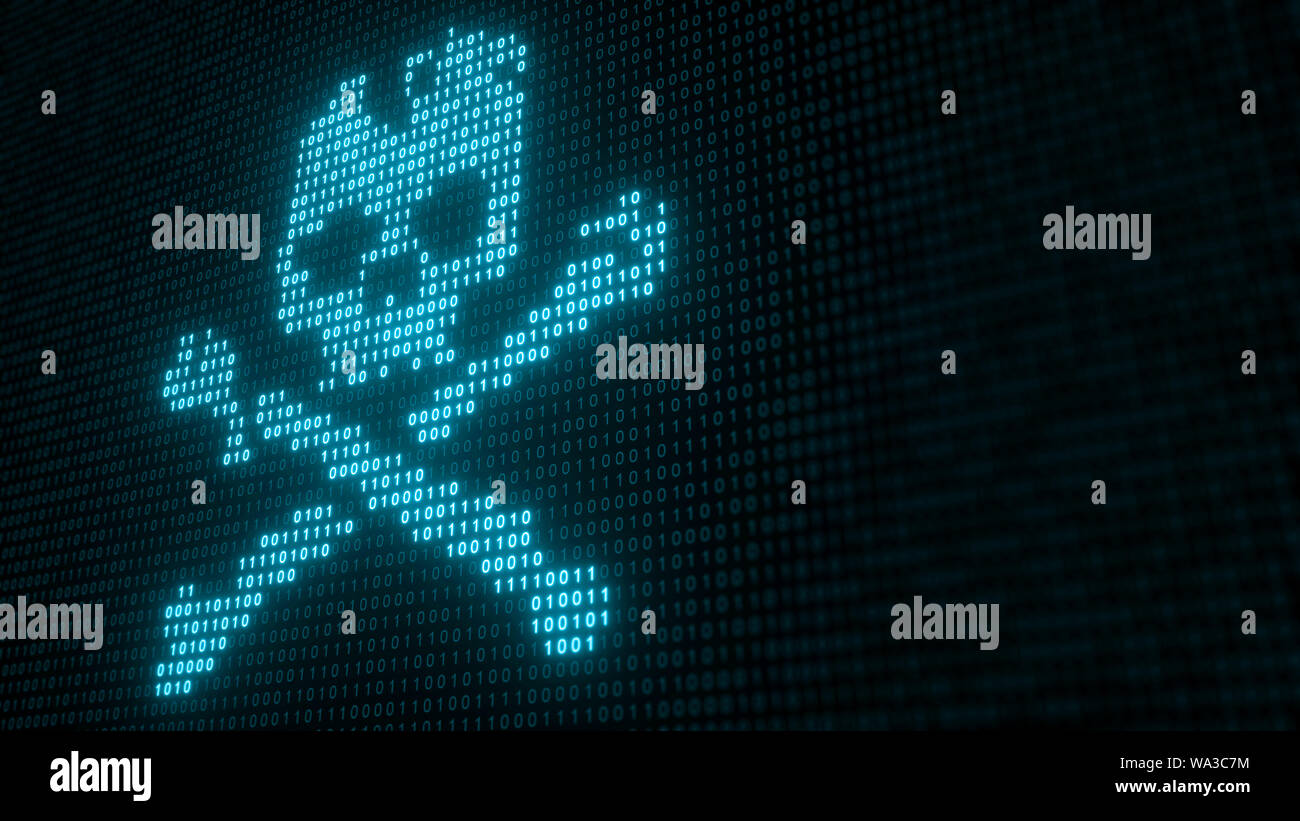 Der binäre Code mit totenkopf und gekreuzten Knochen, was einem Computer Virus oder Malware Attack - 3D-Darstellung Stockfoto