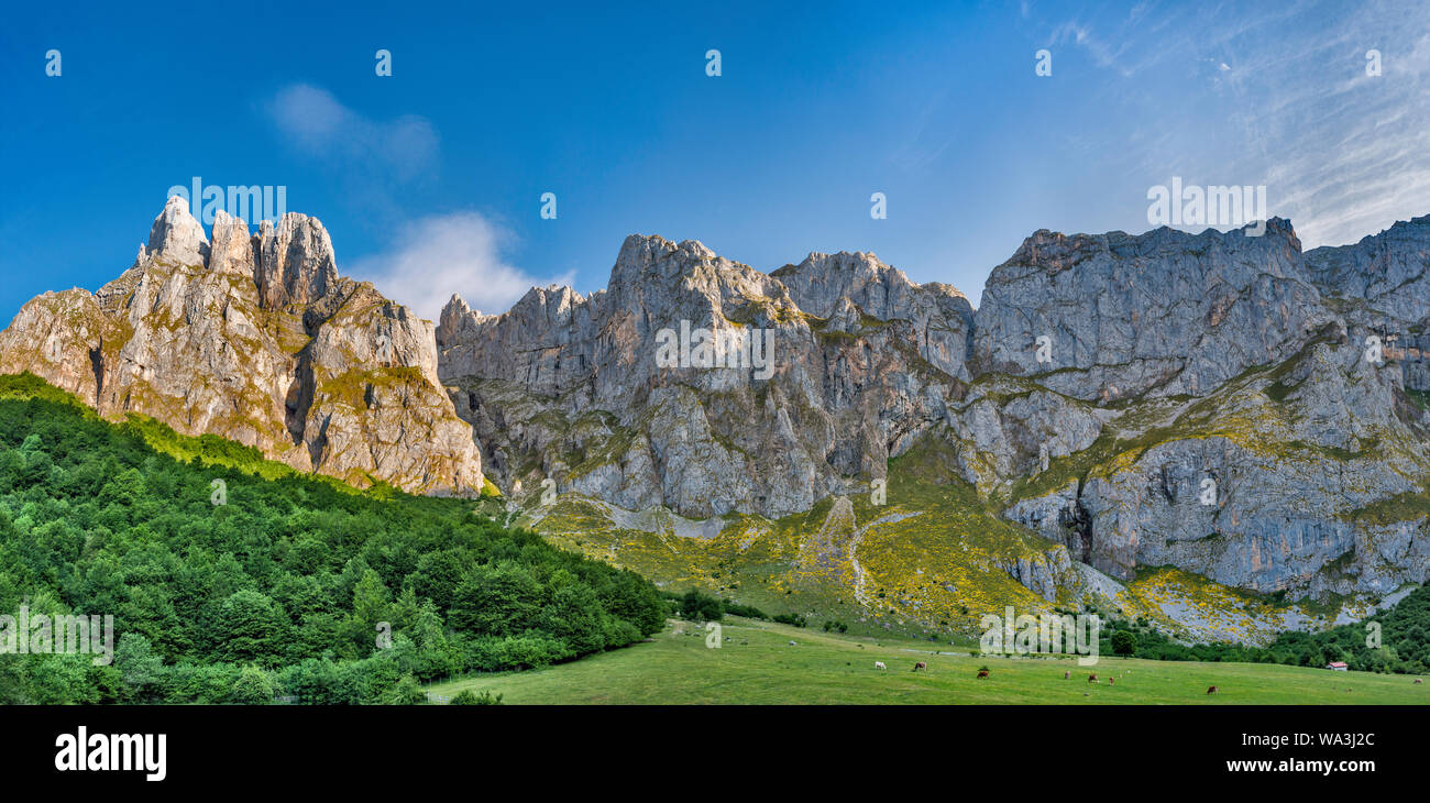 Südliche Wand auf den Berg Macizo Zentrale (den Berg Macizo Los Urrieles) über Fuente De, Picos de Europa, Kantabrien, Spanien Stockfoto