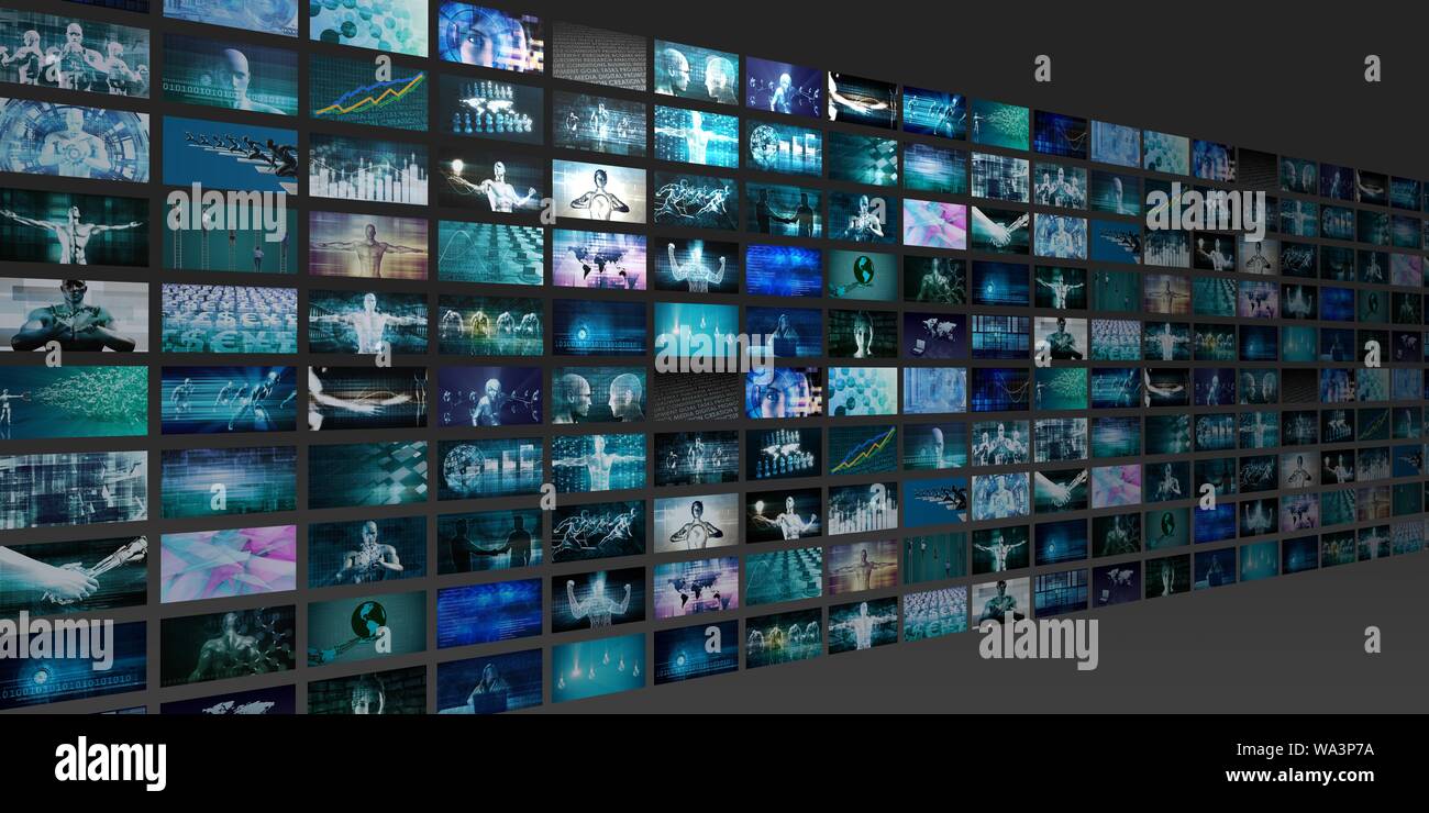 Medienkonzept Technologien als Videowand Hintergrund Stockfoto
