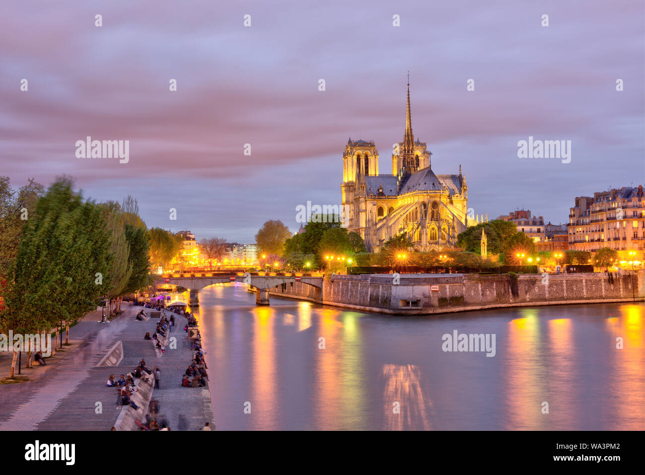 Twilight für Notre Dame Kathedrale und Pont de l Archeveche' Brücke. Paris, Frankreich Stockfoto
