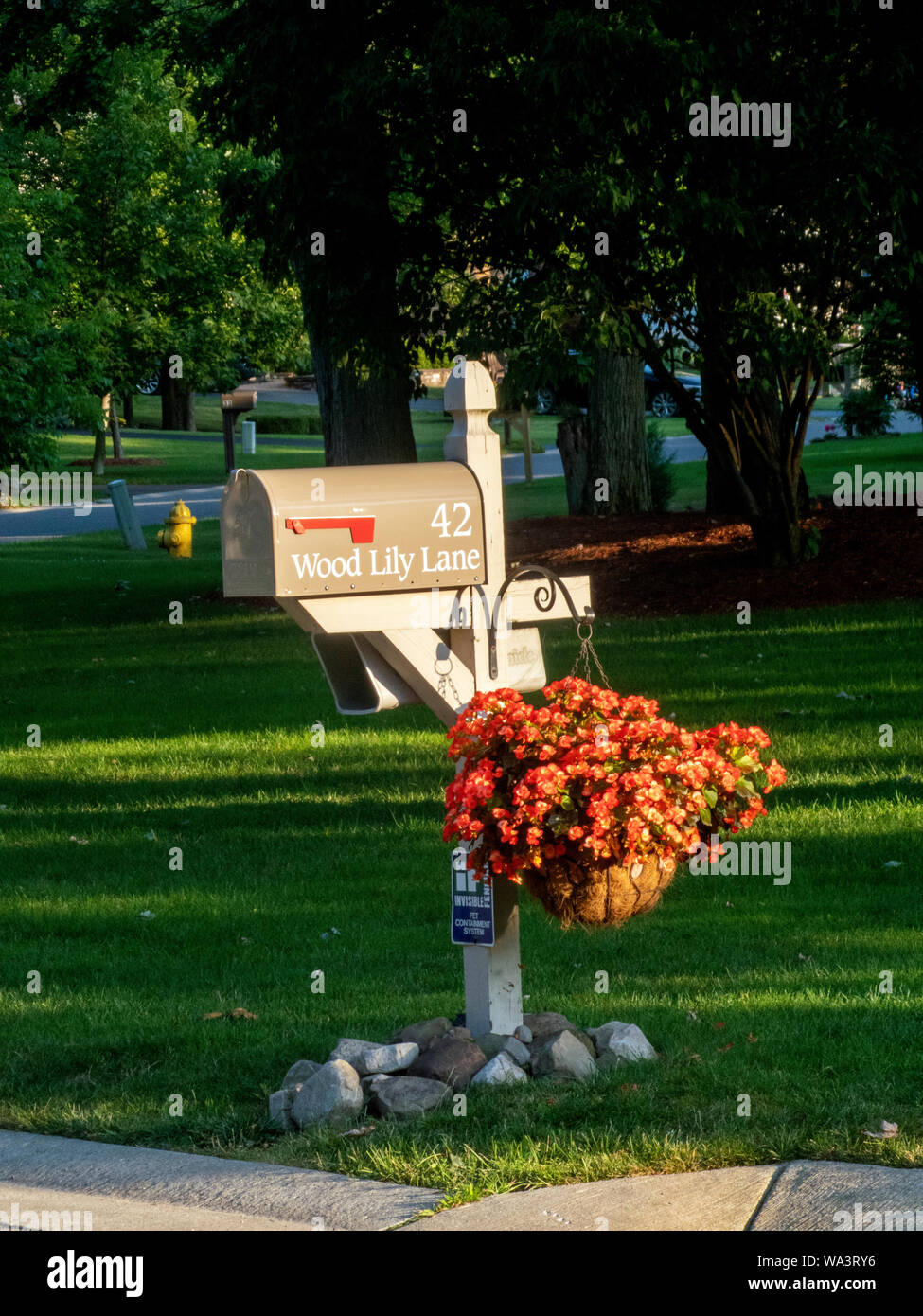 Ländliche Mailbox mit hängenden Anlage. Stockfoto