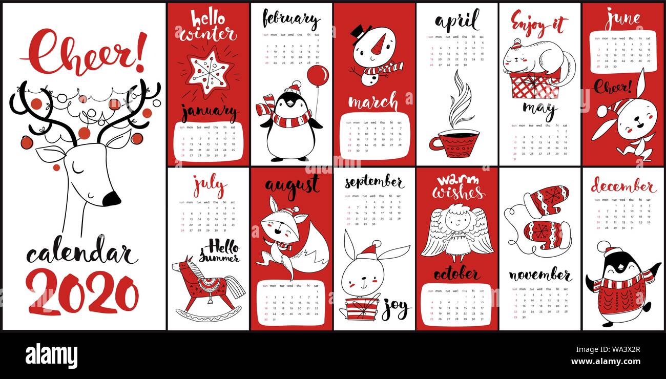 Vektor Cartoon 2020 Kalender mit Weihnachten Symbole in roter Farbe Stock Vektor