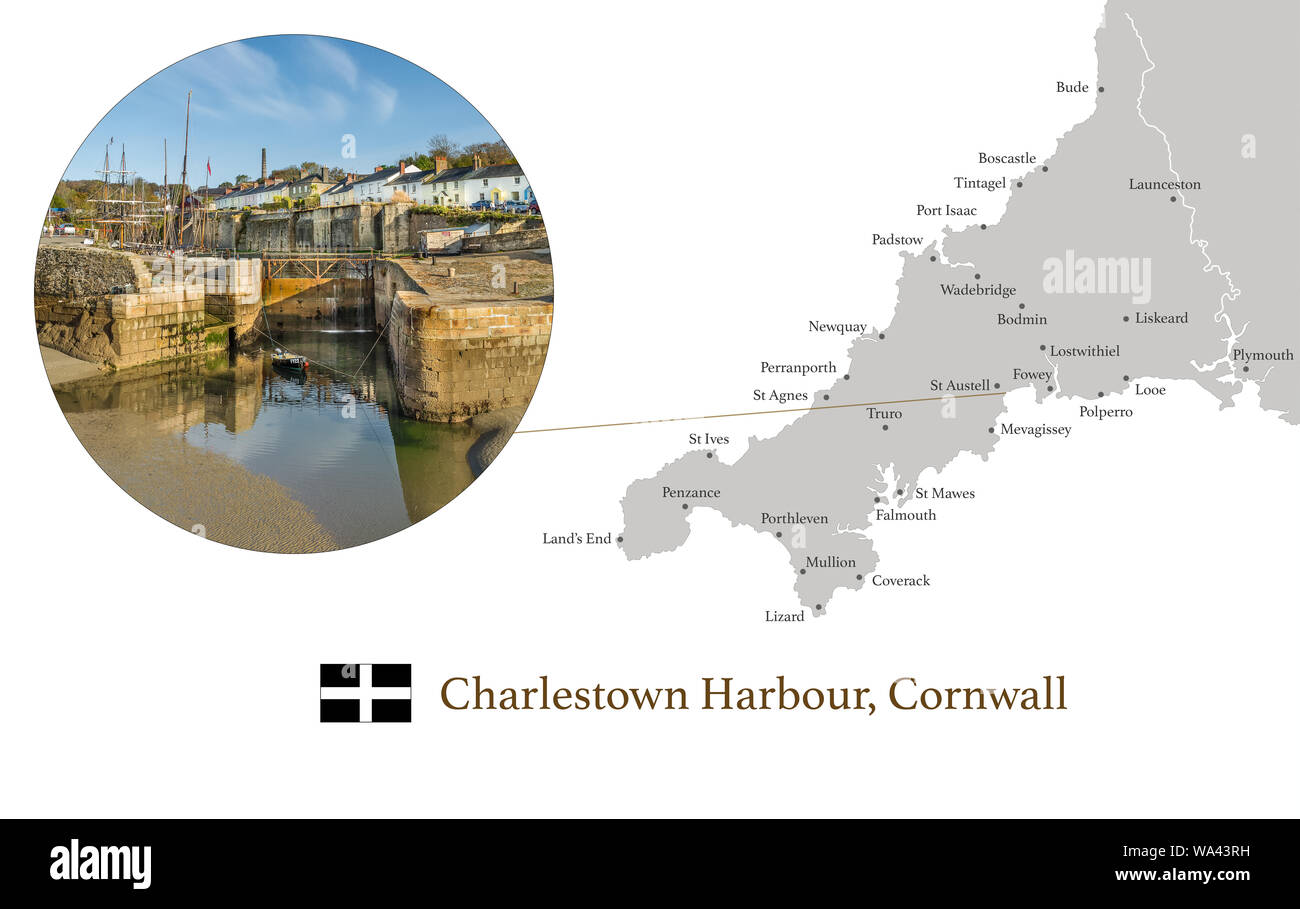 Karte von Cornwall, mit fotografischen Bild von Charlestown Hafen und die wichtigsten Städte in Cornwall auf der Karte markiert. Stockfoto