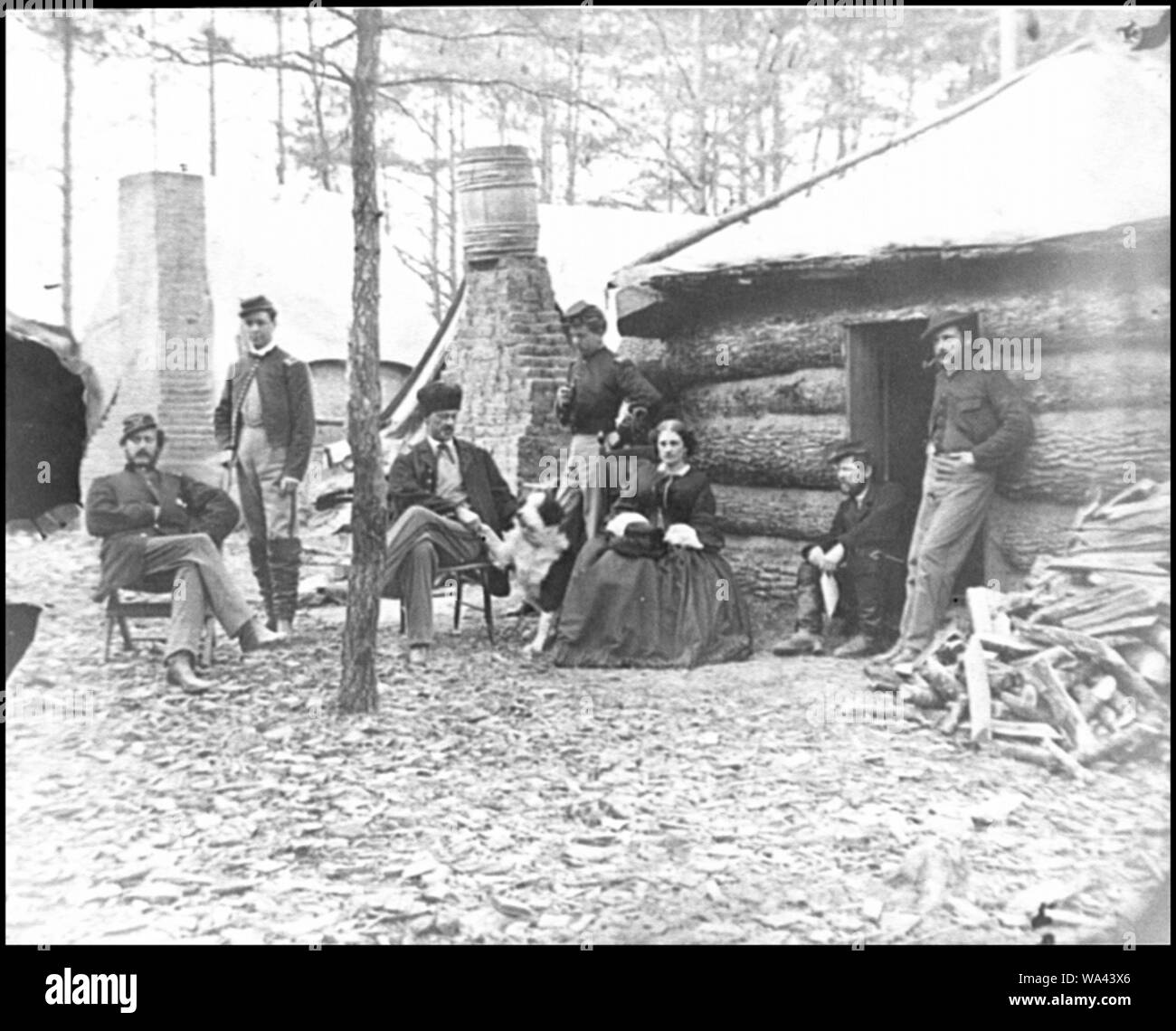 Brandy Station, Virginia Offiziere und eine Dame im Hauptquartier der 1. Brigade, Horse Artillery Stockfoto