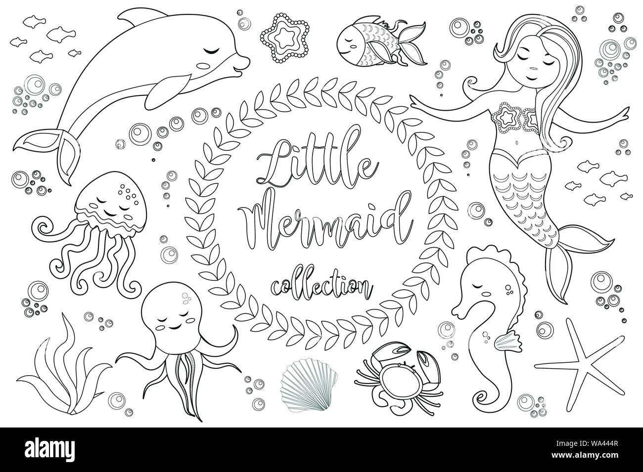 Süße kleine Meerjungfrau und Unterwasserwelt set Malbuch Seite für Kinder. Sammlung von Design Element, Outline, doodle Stil. Kinder baby clip art Stock Vektor