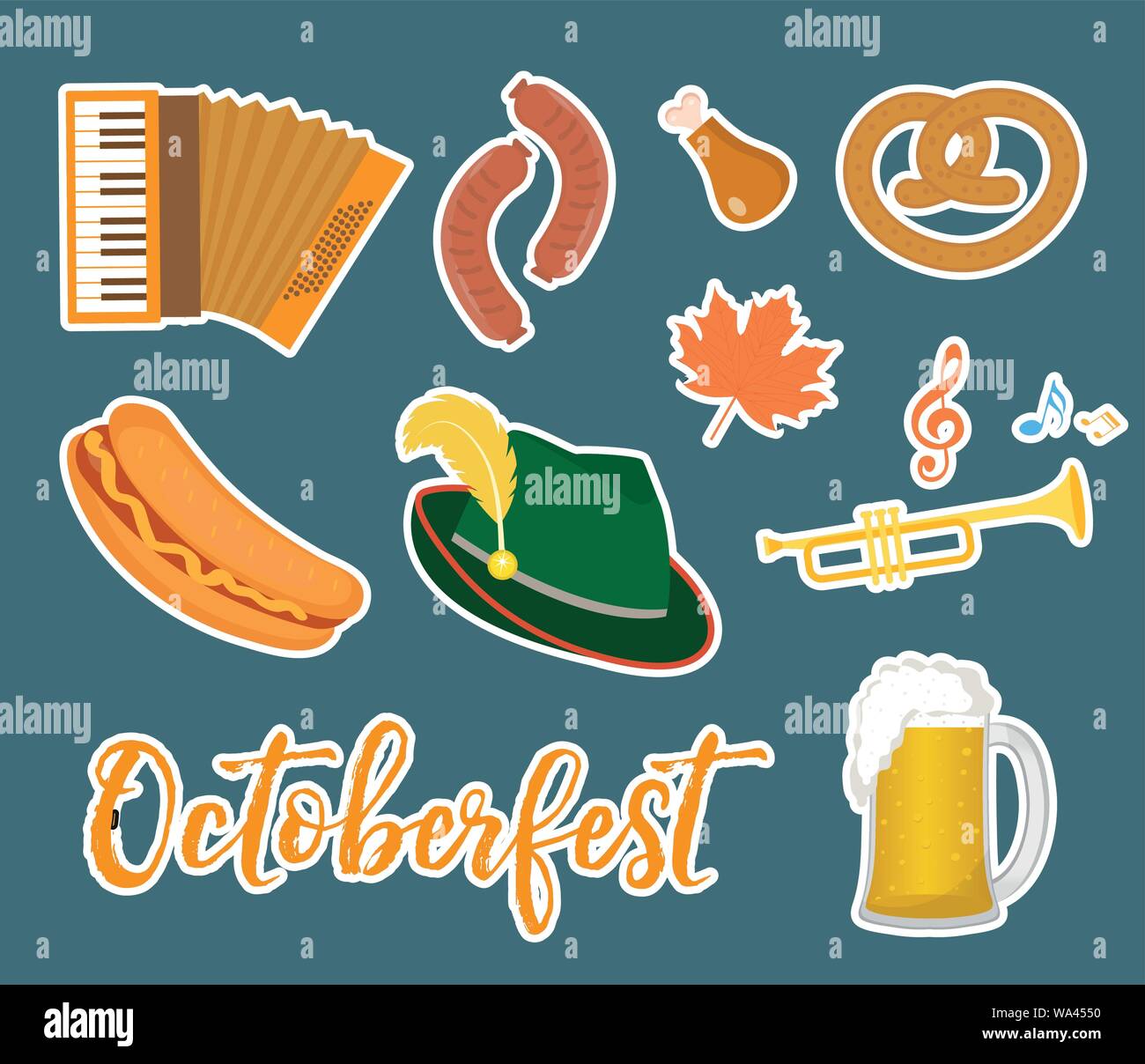 Oktoberfest Aufkleber, flach oder Cartoon Stil. Festival in Deutschland Sammlung von traditionellen Symbole, Designelemente mit Bier, Essen, cap. Isoliert auf Stock Vektor