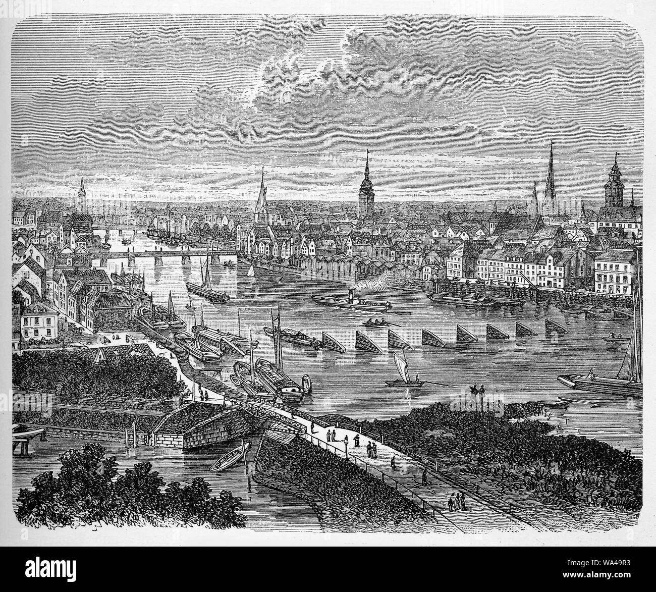 Bremen Hansestadt, Panoramaaussicht im 19. Jahrhundert mit Die Brücken auf der Weser Stockfoto