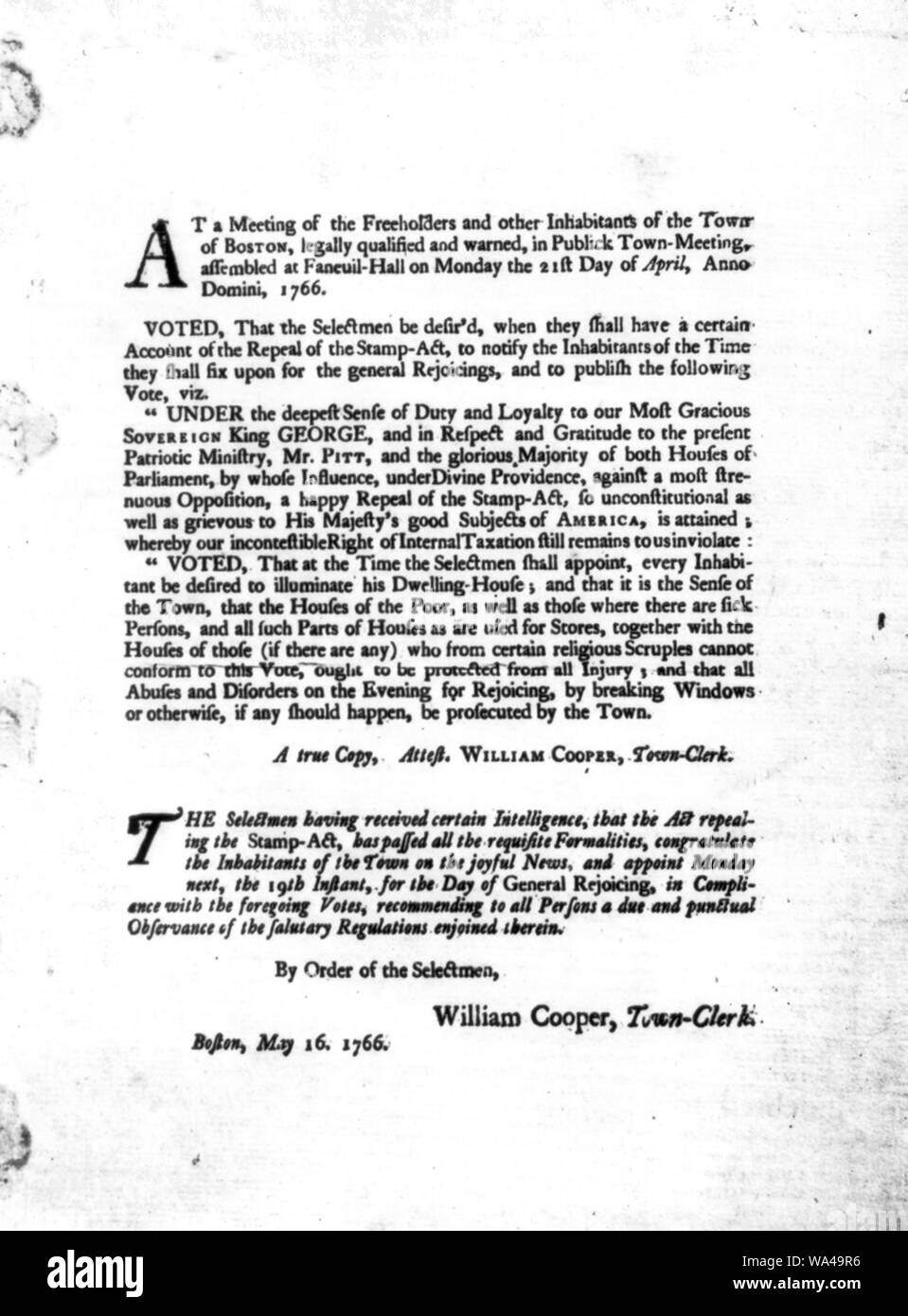Breitseite betreffend Aufhebung der Stamp Act, in Boston gedruckt, 16. Mai 1766 Stockfoto