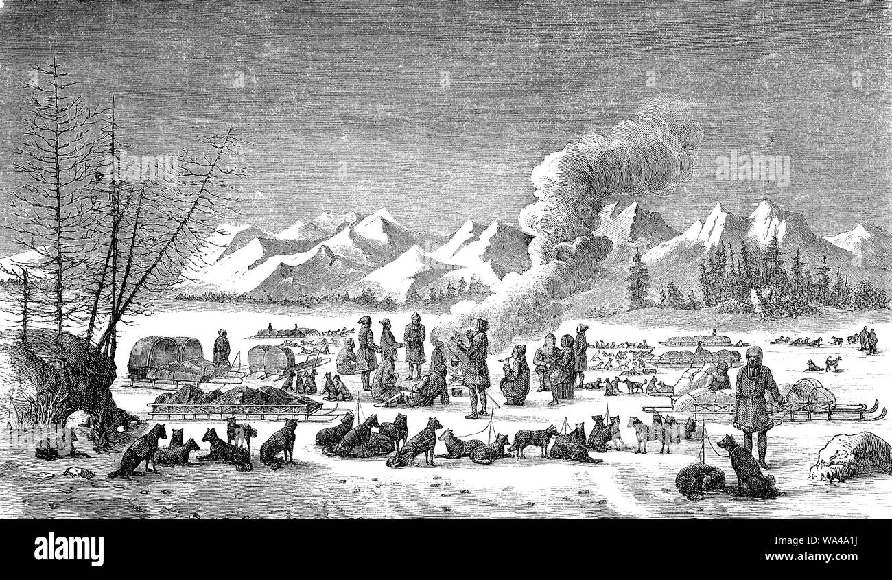 Sibirien, Hundeschlitten, Wohnwagen im Rest für die Nacht mit Lagerfeuer Stockfoto