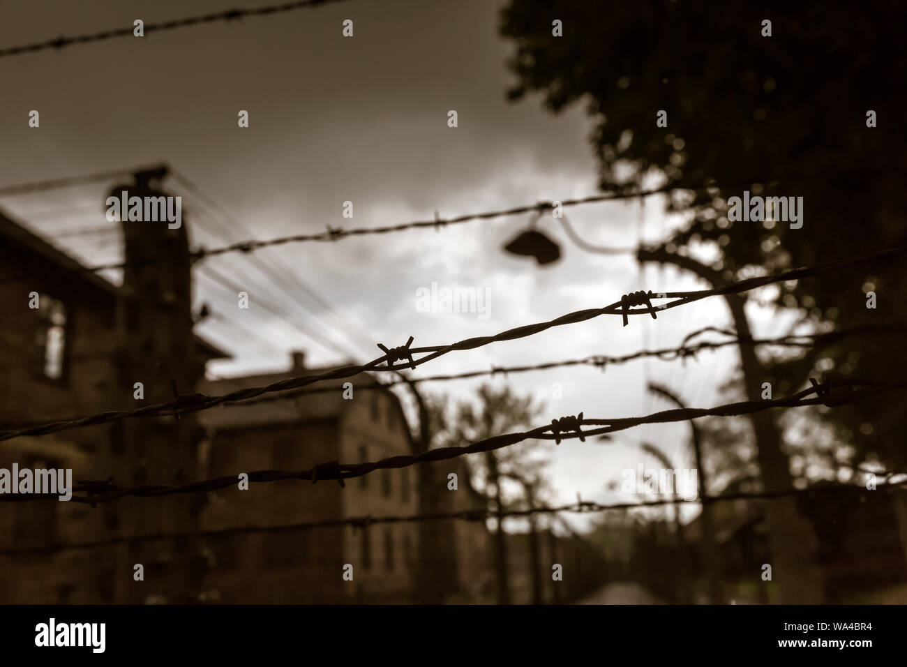 Die Kasernen und Zaun, deutschen Vernichtungslagers Auschwitz II Stockfoto