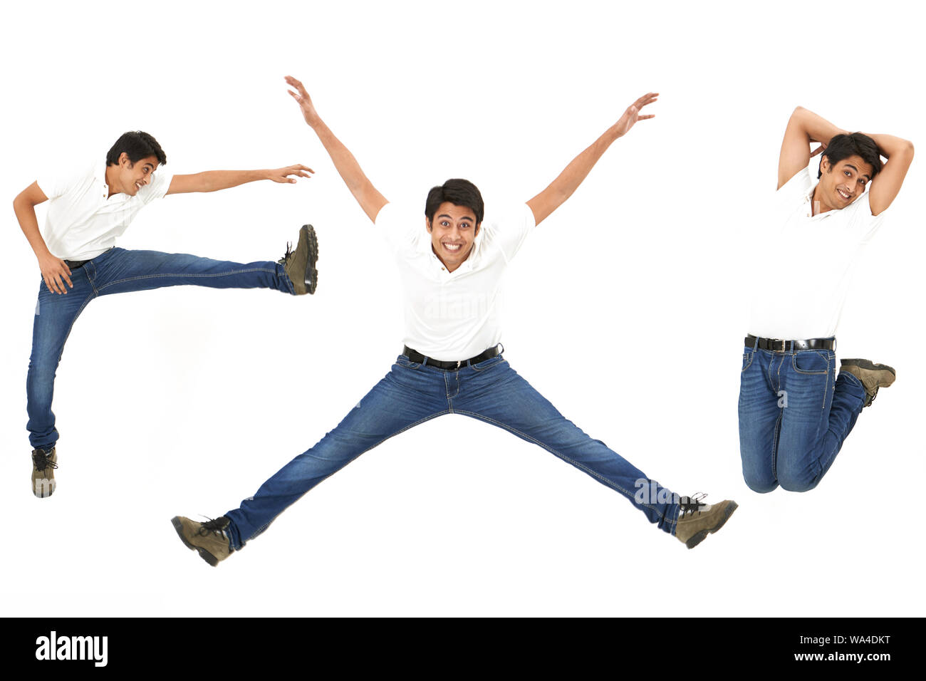 Mehrere Bilder eines jungen Mannes, der in der Luft springt und lächelt Stockfoto