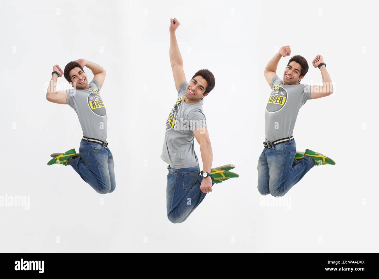 Mehrere Bilder eines jungen Mannes, der in der Luft springt Stockfoto