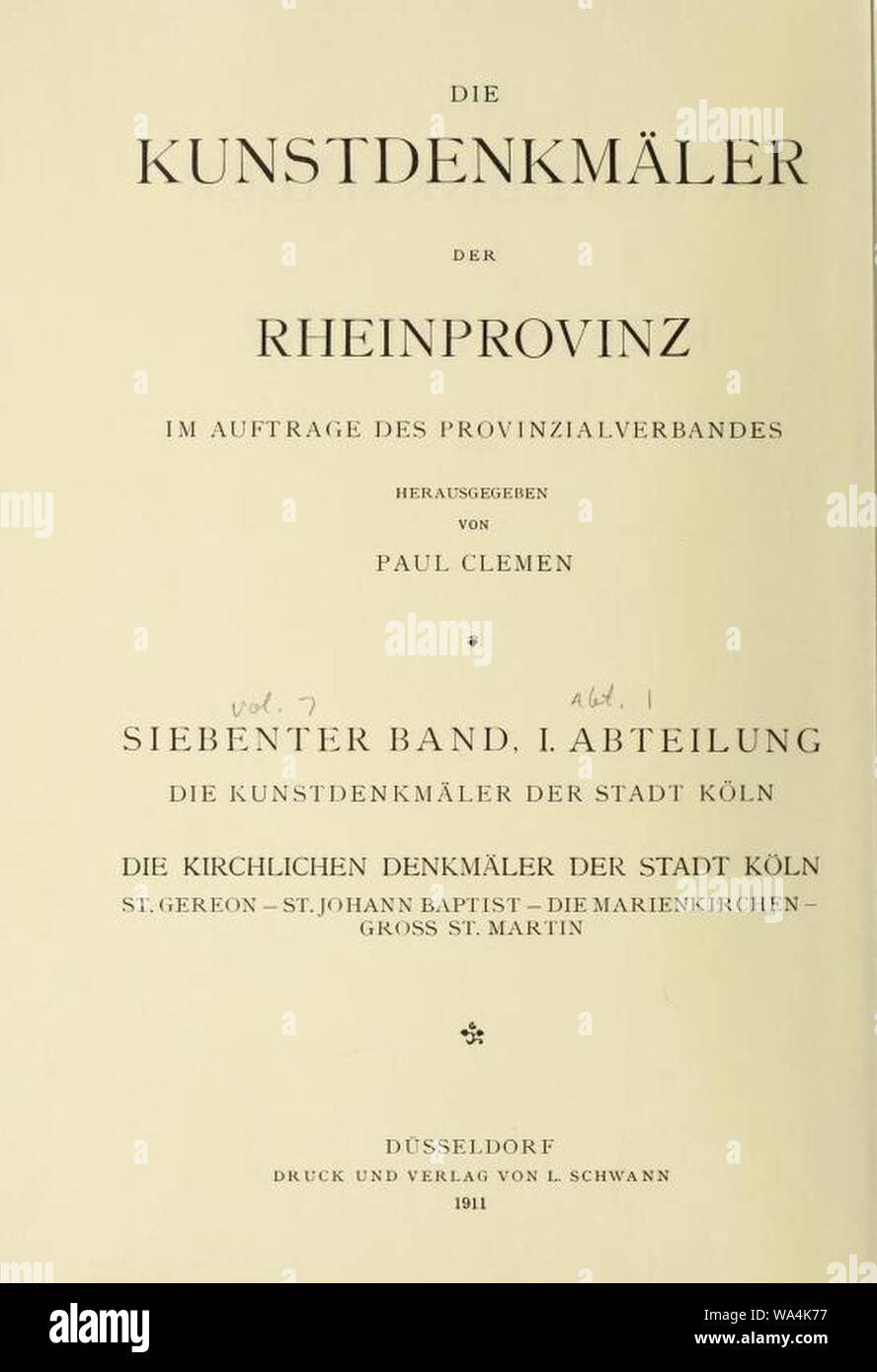 Die Kunstdenkmäler der Rheinprovinz, Innentitel, 7. Band, Abteilung 1. Stockfoto