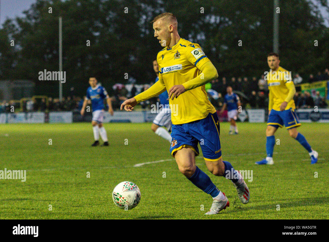 Penybont v Barry Town United JD Cymru Premier Gleiches an bryntirion Park am 16. August 2019. Lewis Mitchell/YCPD. Stockfoto