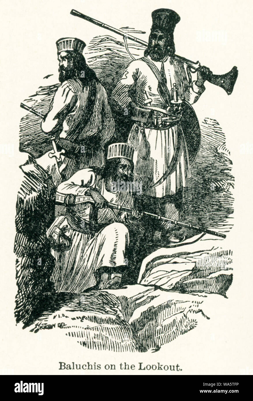 Diese Abbildung stammt aus den frühen 1920er Jahren. Die Bildunterschrift lautet: belutschen auf der Suche. Die belutschen sind die indigenen Völker von Belutschistan, die zwischen der pakistanischen Provinz Belutschistan und iranischen Balutschistan aufgeteilt wird. Stockfoto